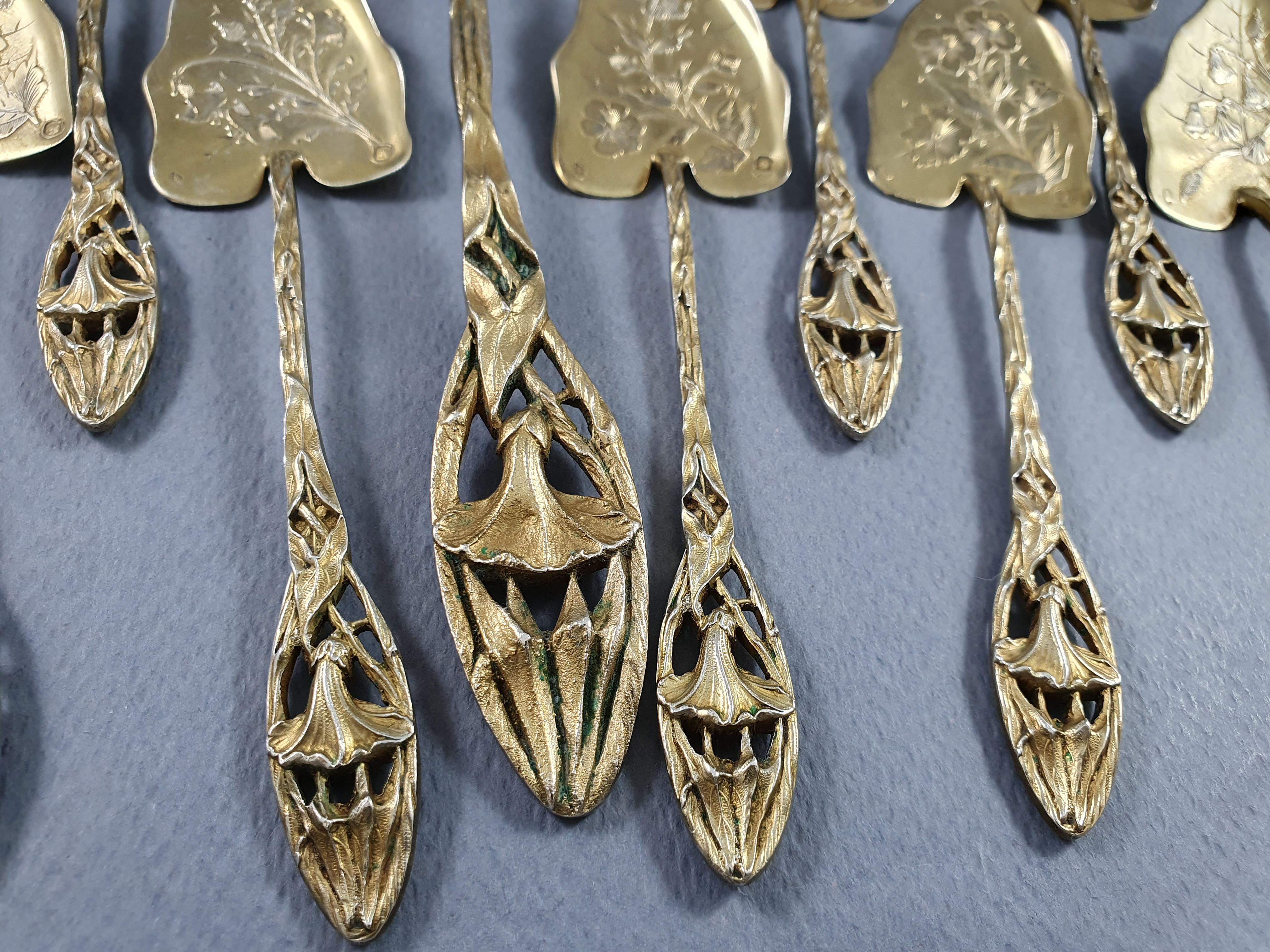 French Art Nouveau Sterling Silver Gilt Ice Cream Set Spoons In Good Condition In Saint-Ouen, FR