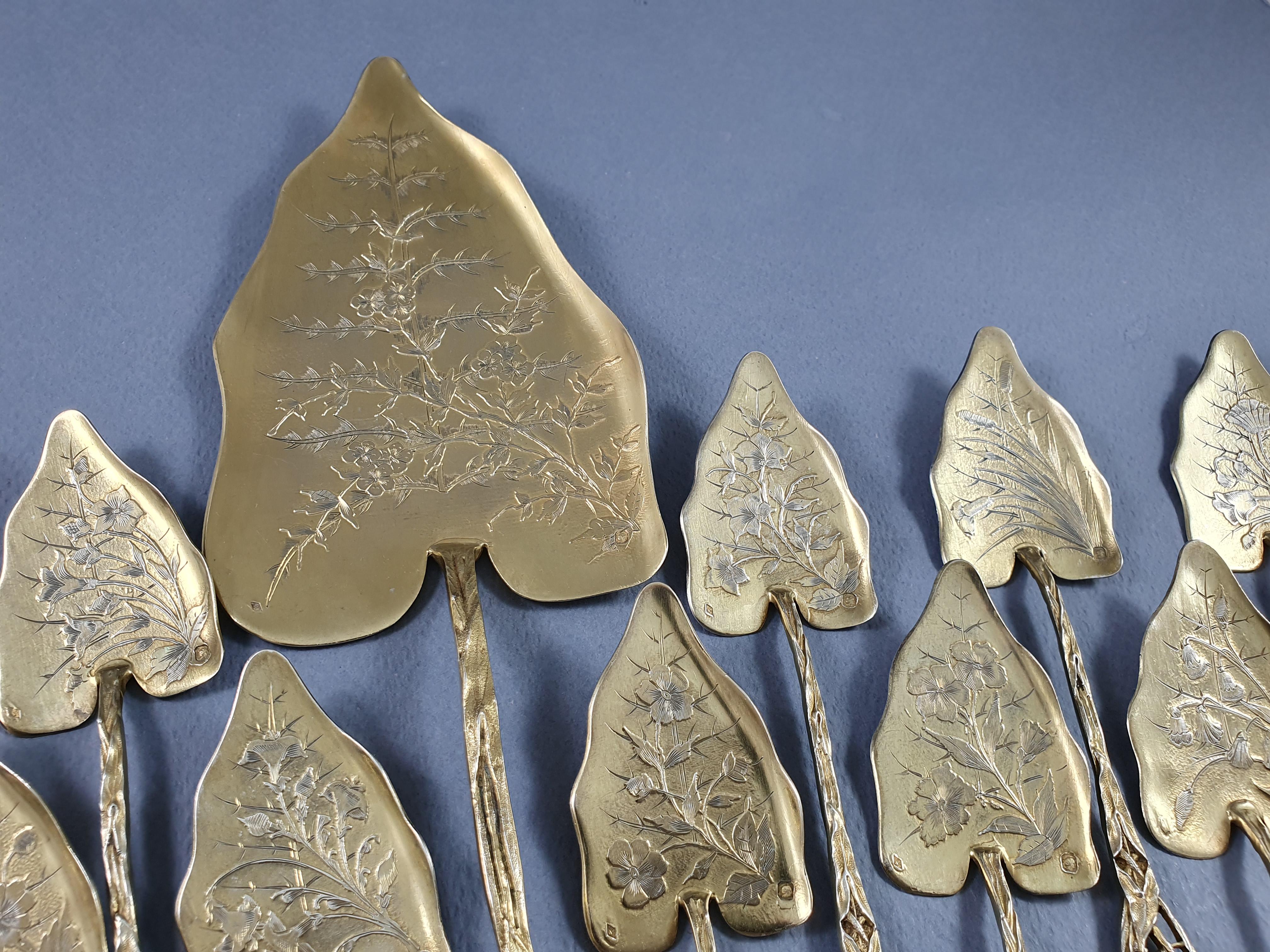 Late 19th Century French Art Nouveau Sterling Silver Gilt Ice Cream Set Spoons
