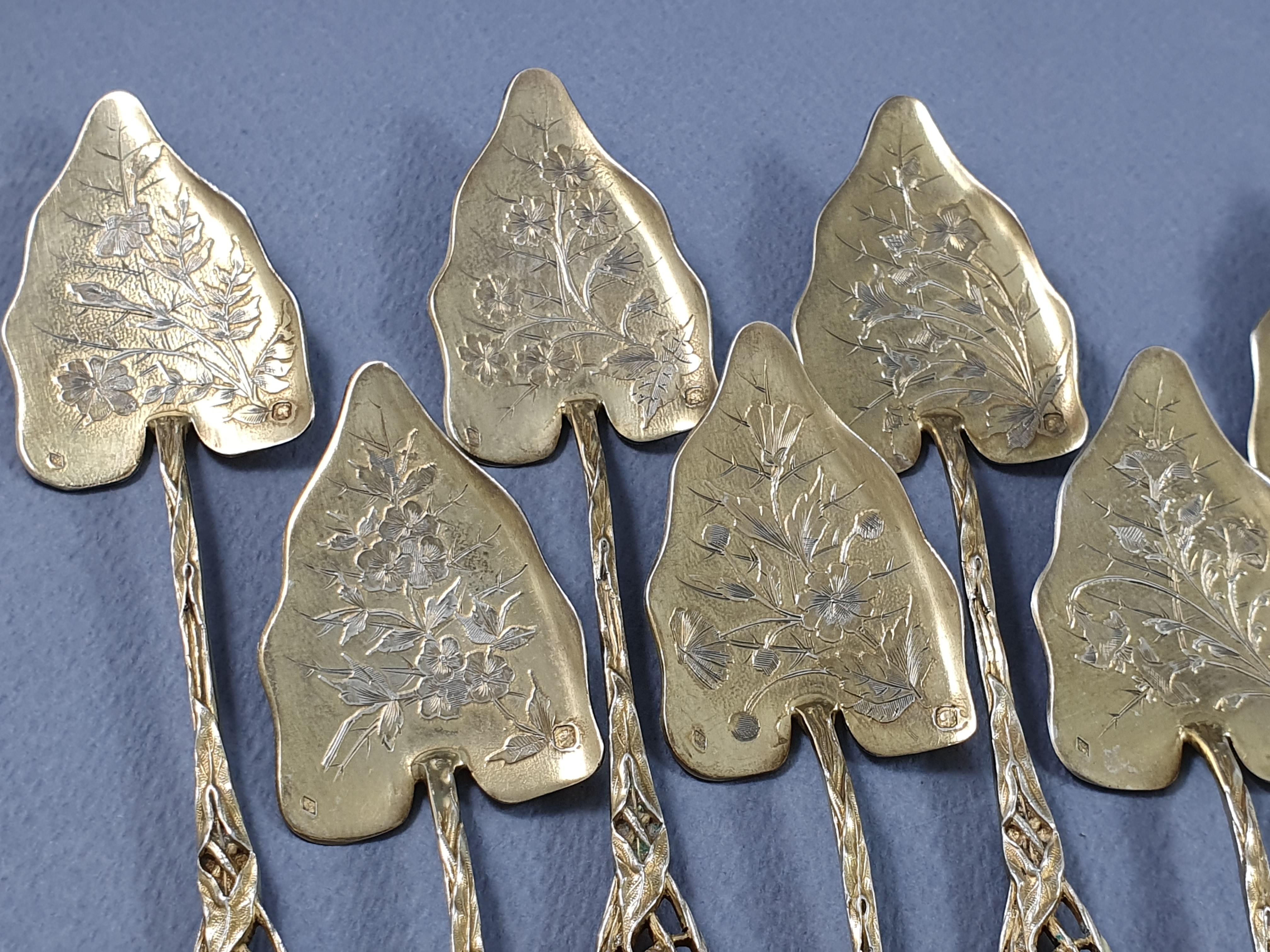 French Art Nouveau Sterling Silver Gilt Ice Cream Set Spoons 1