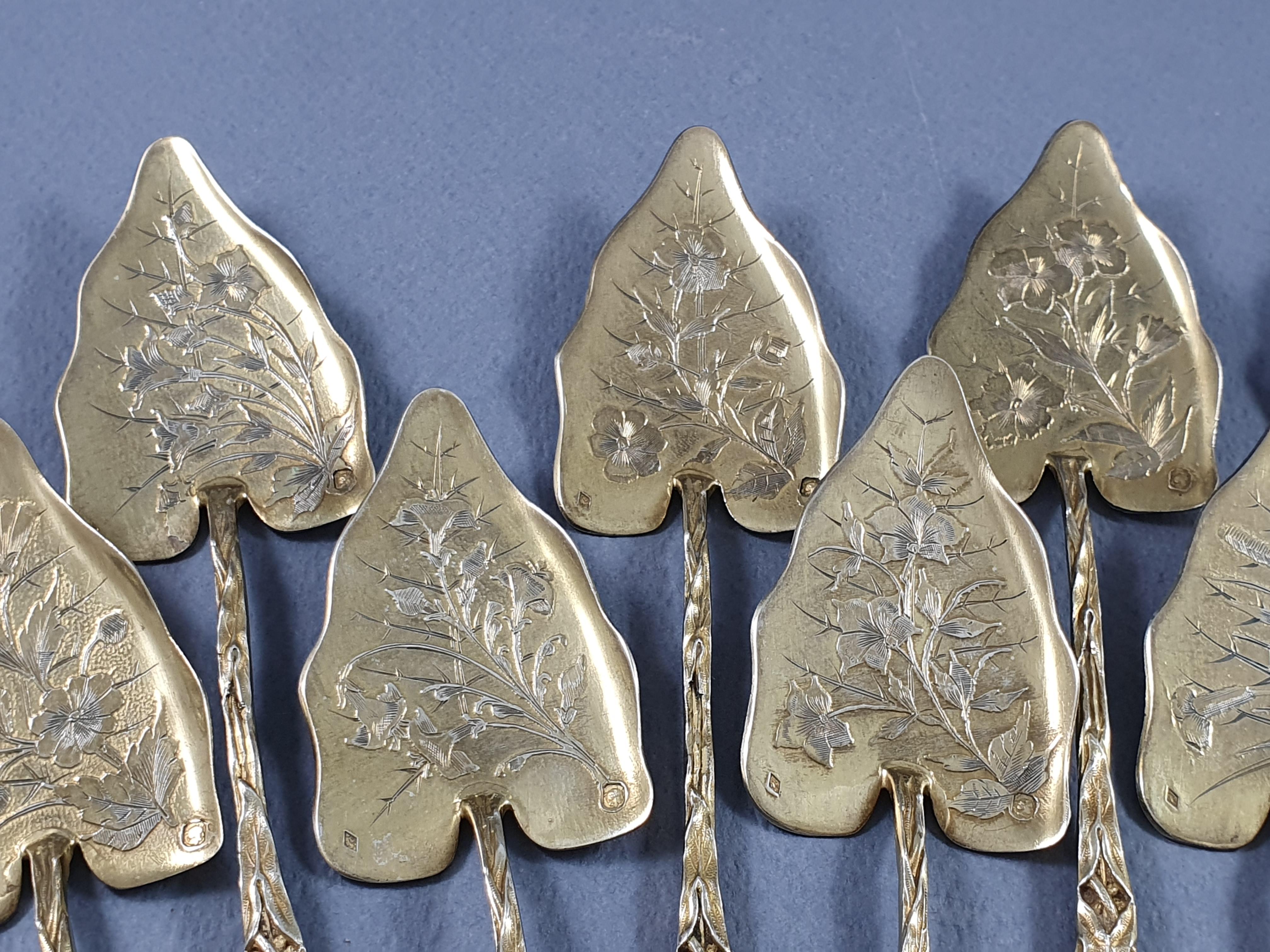 French Art Nouveau Sterling Silver Gilt Ice Cream Set Spoons 2