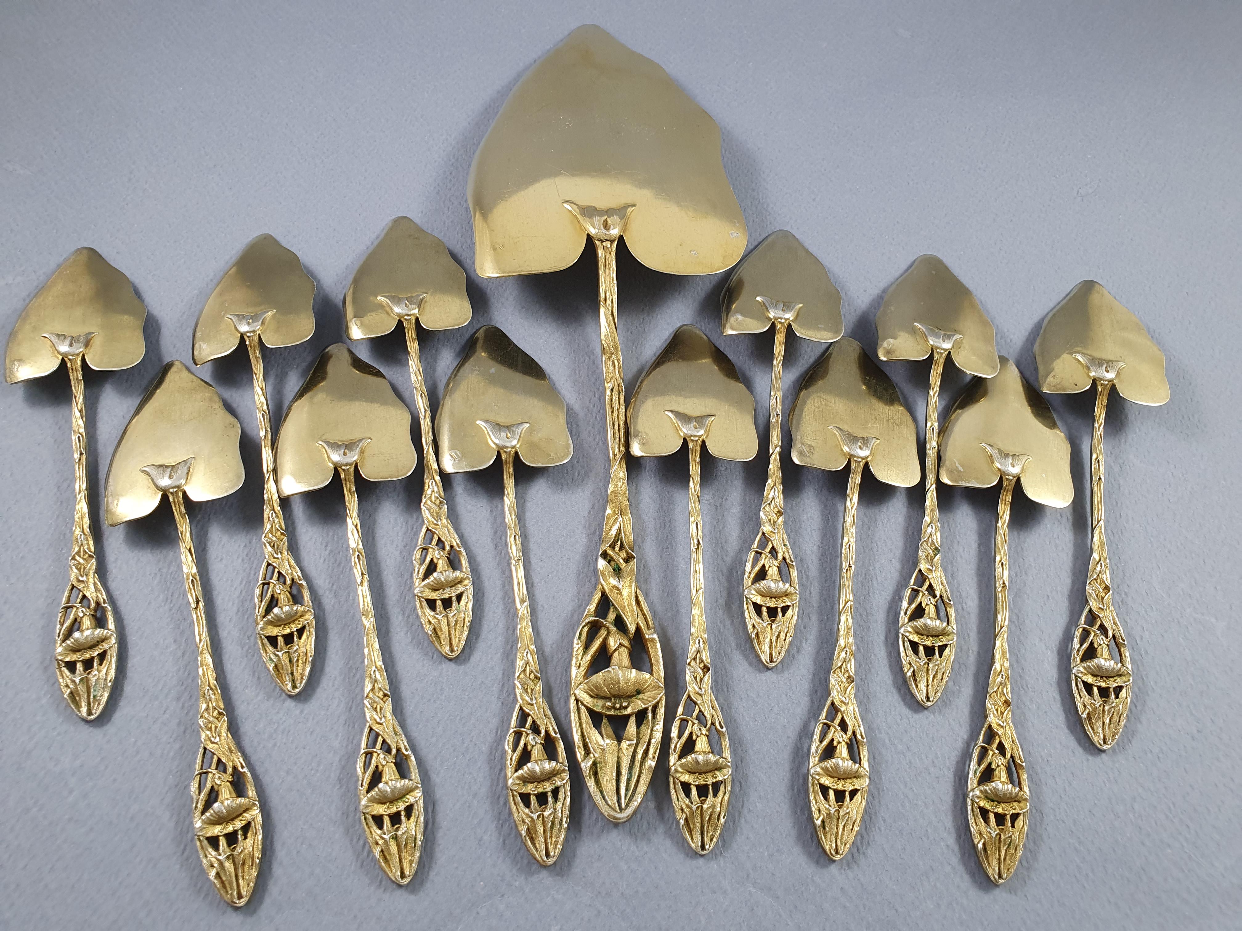 French Art Nouveau Sterling Silver Gilt Ice Cream Set Spoons 4