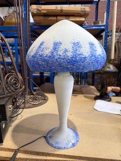 French Art Nouveau Style Acid-Etched Glass Table Lamp in White and Blue