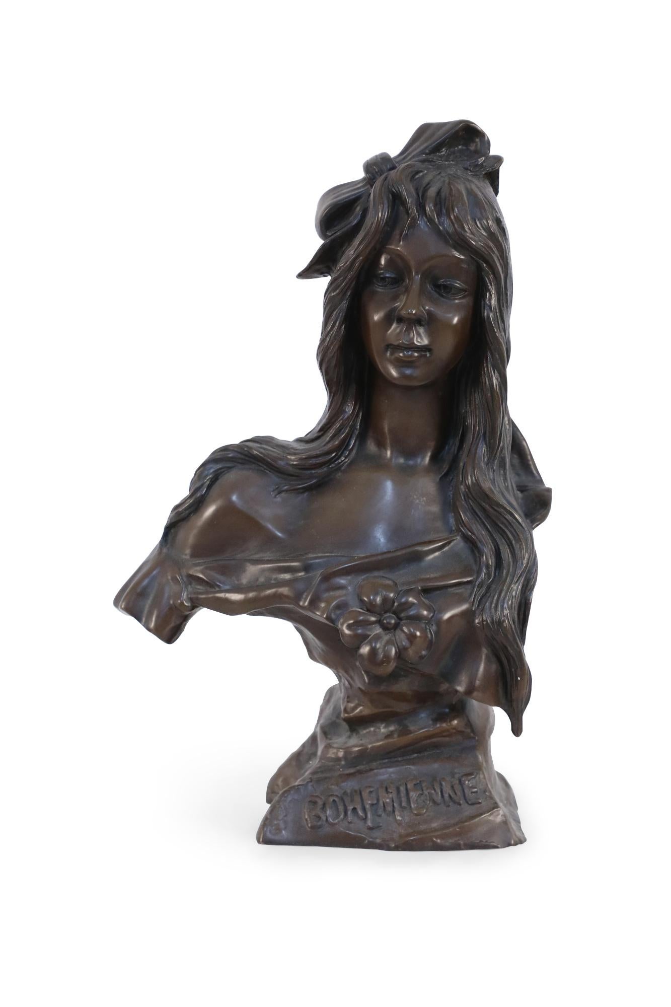French Art Nouveau Style Bronze Bohemian Woman Bust For Sale 4