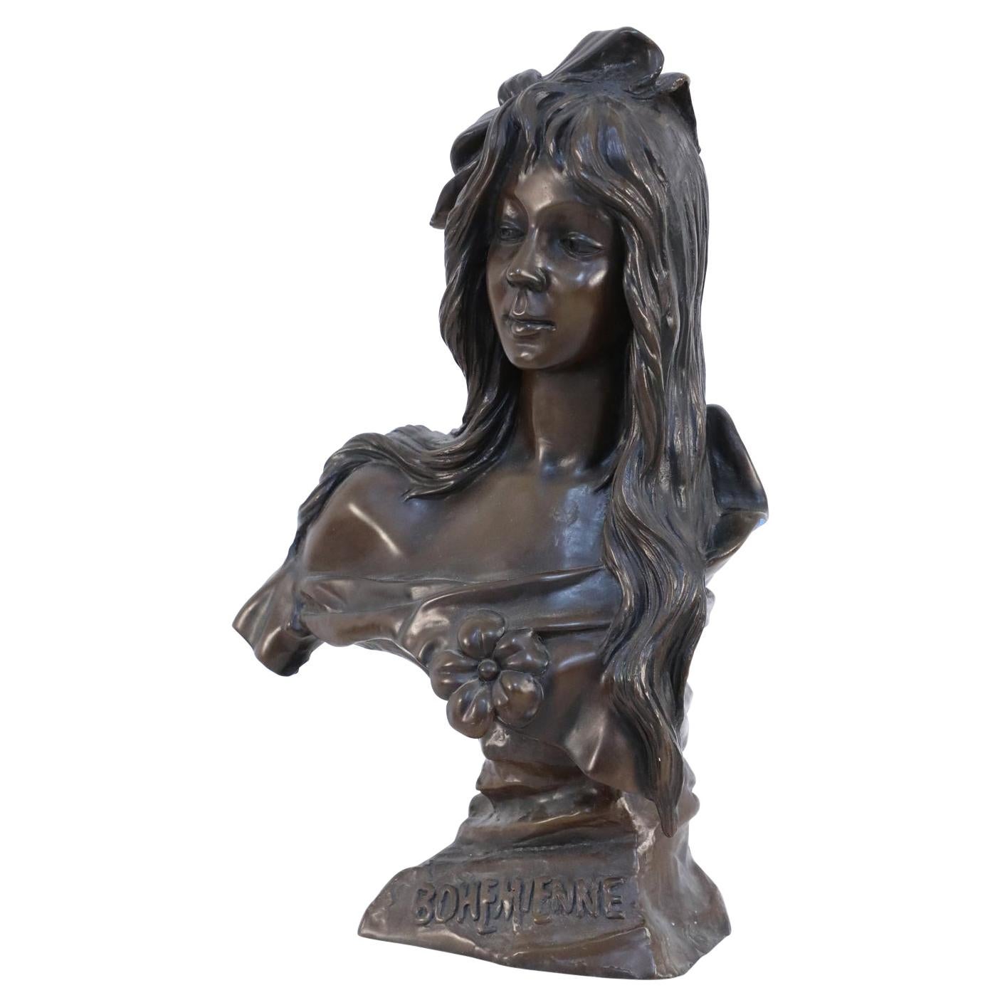 French Art Nouveau Style Bronze Bohemian Woman Bust For Sale