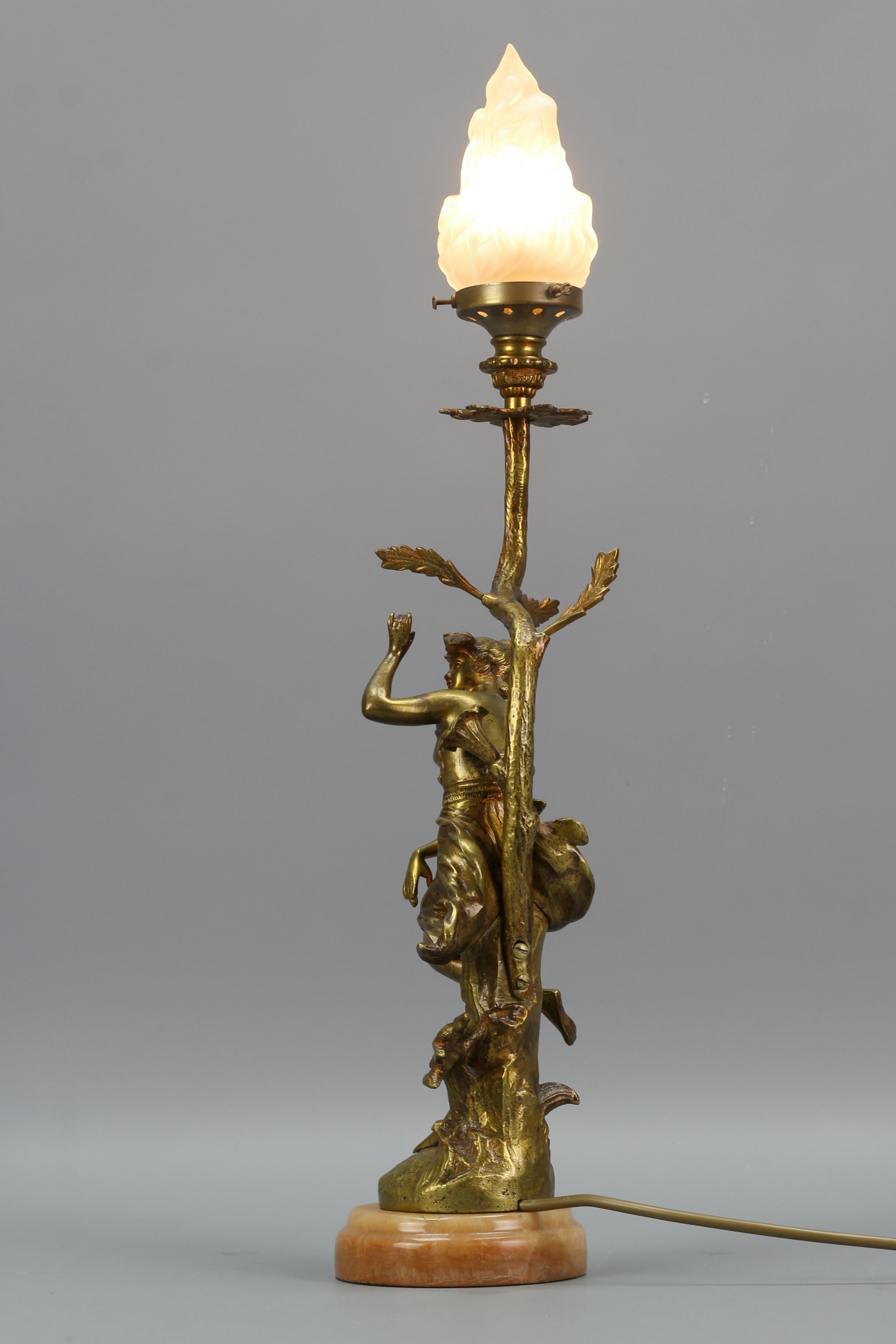 French Art Nouveau Style Bronze, White Glass and Onyx Figural Table Lamp 5