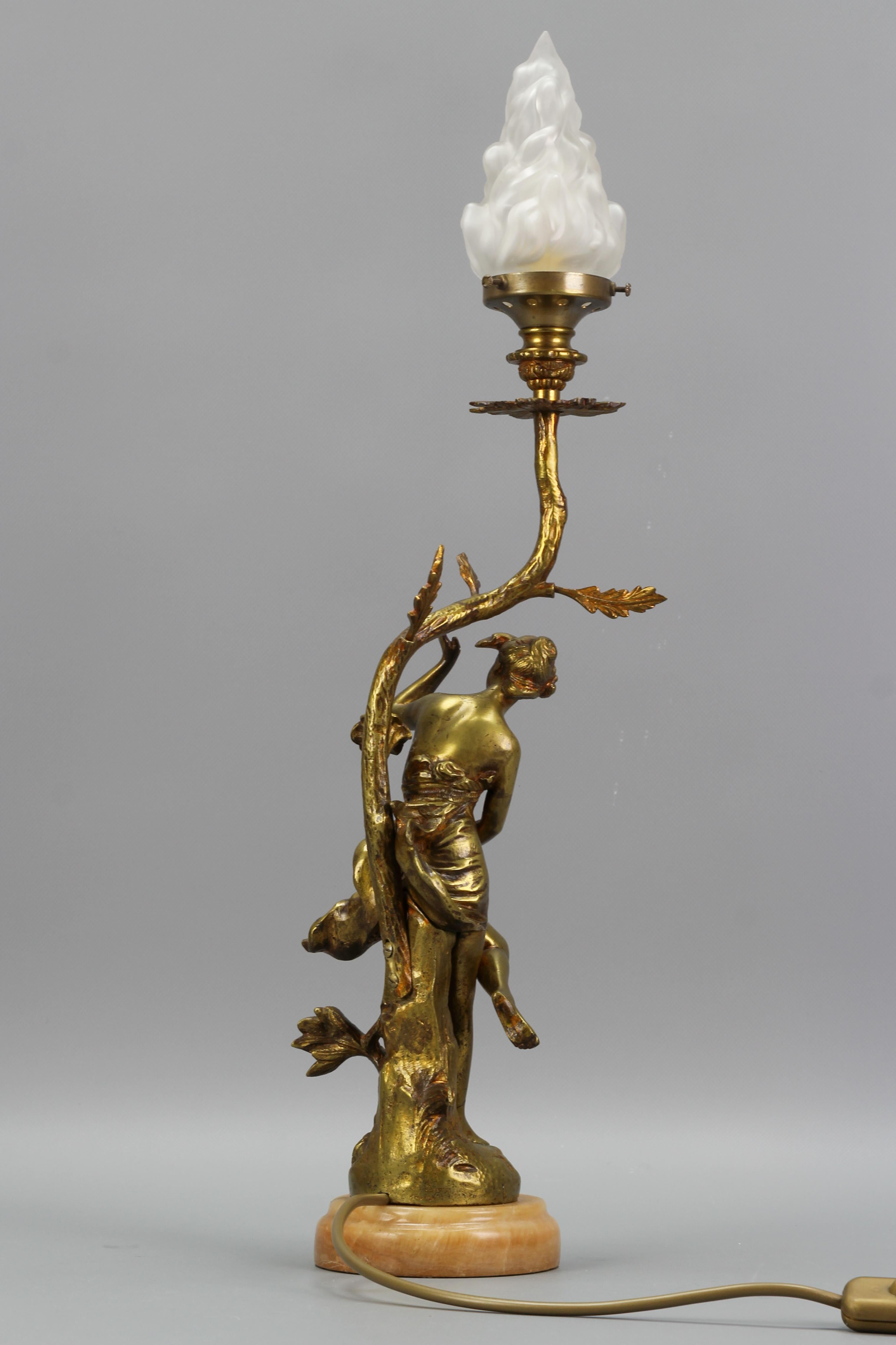 French Art Nouveau Style Bronze, White Glass and Onyx Figural Table Lamp 6