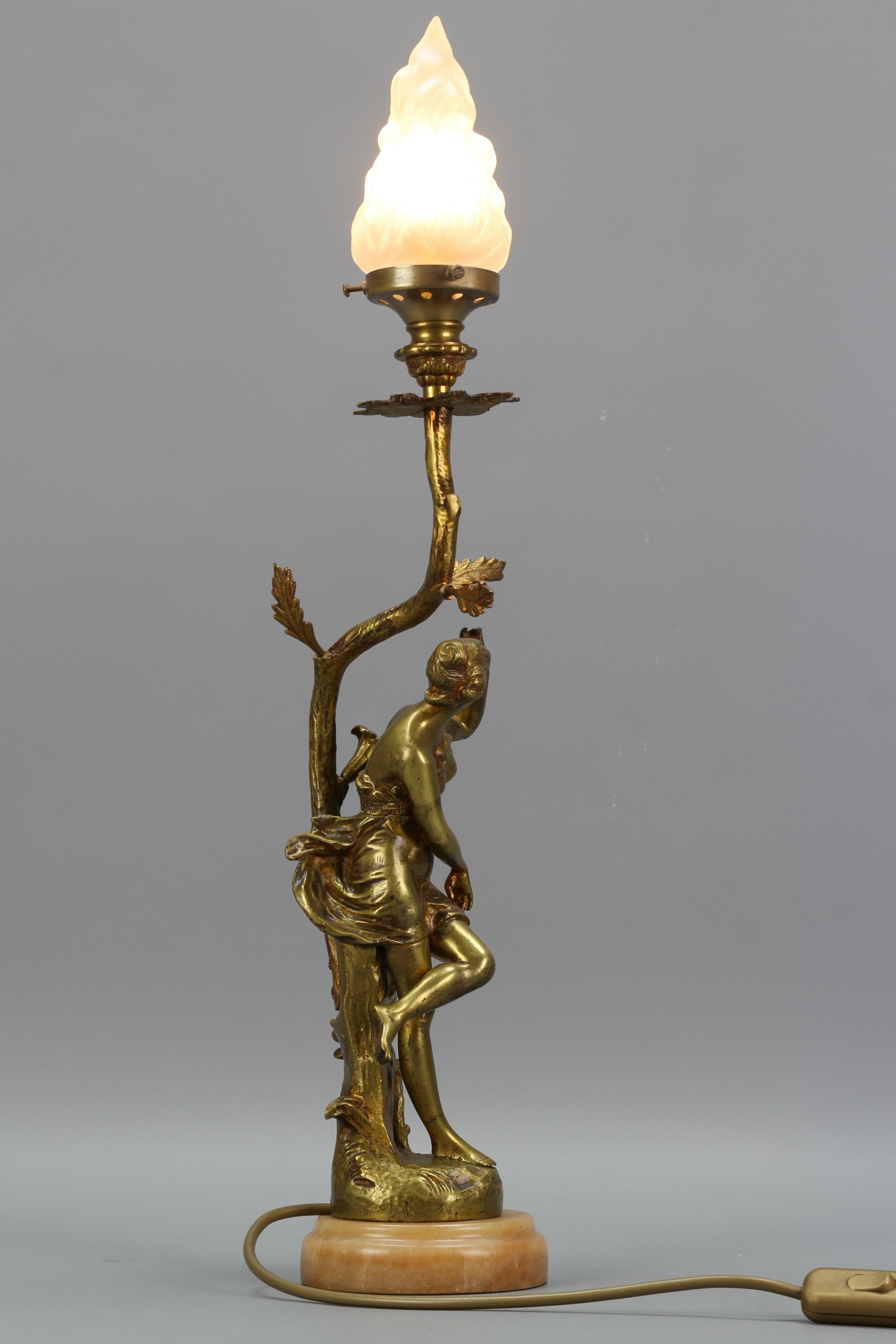 French Art Nouveau Style Bronze, White Glass and Onyx Figural Table Lamp 7