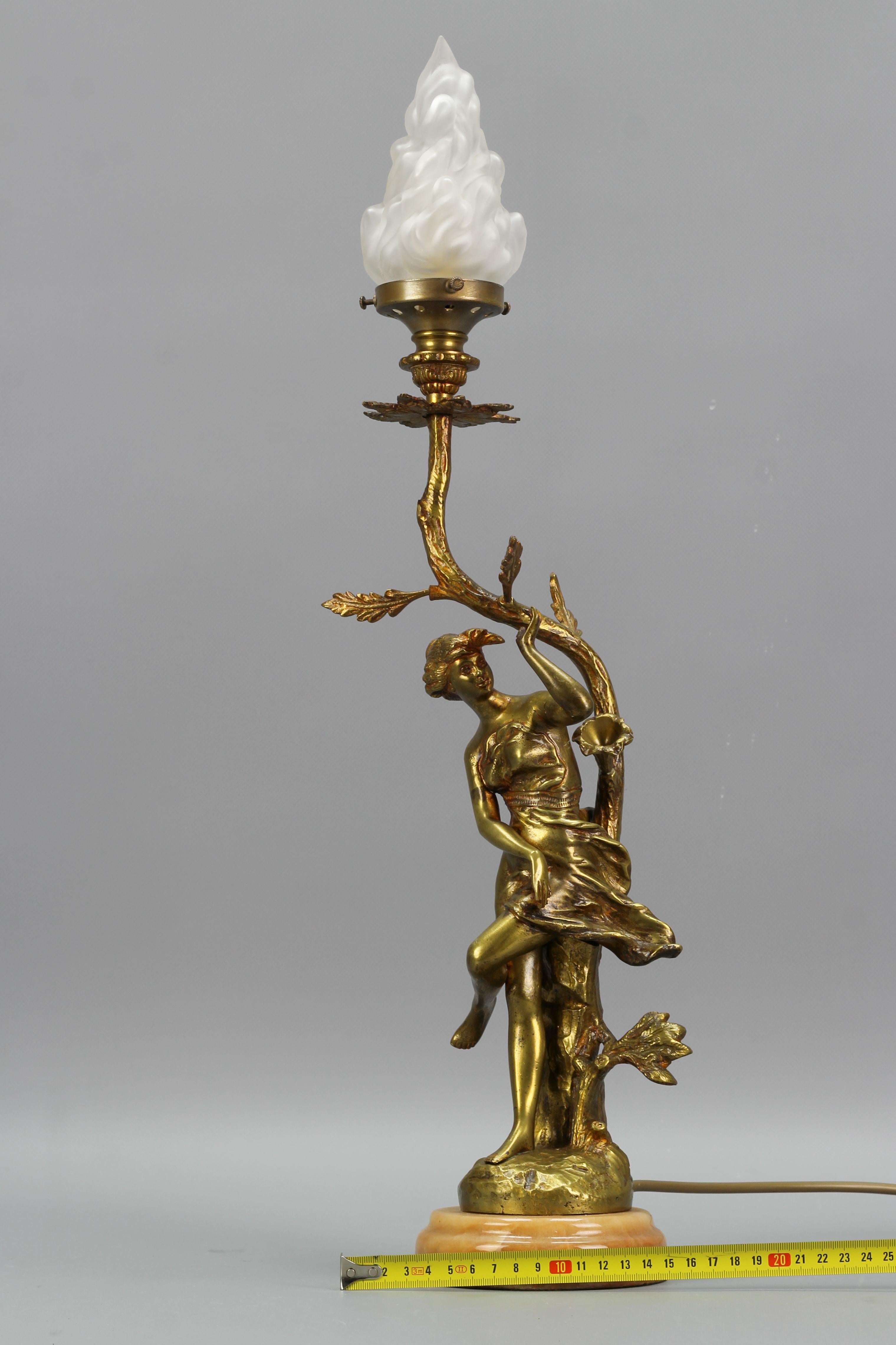 French Art Nouveau Style Bronze, White Glass and Onyx Figural Table Lamp 9