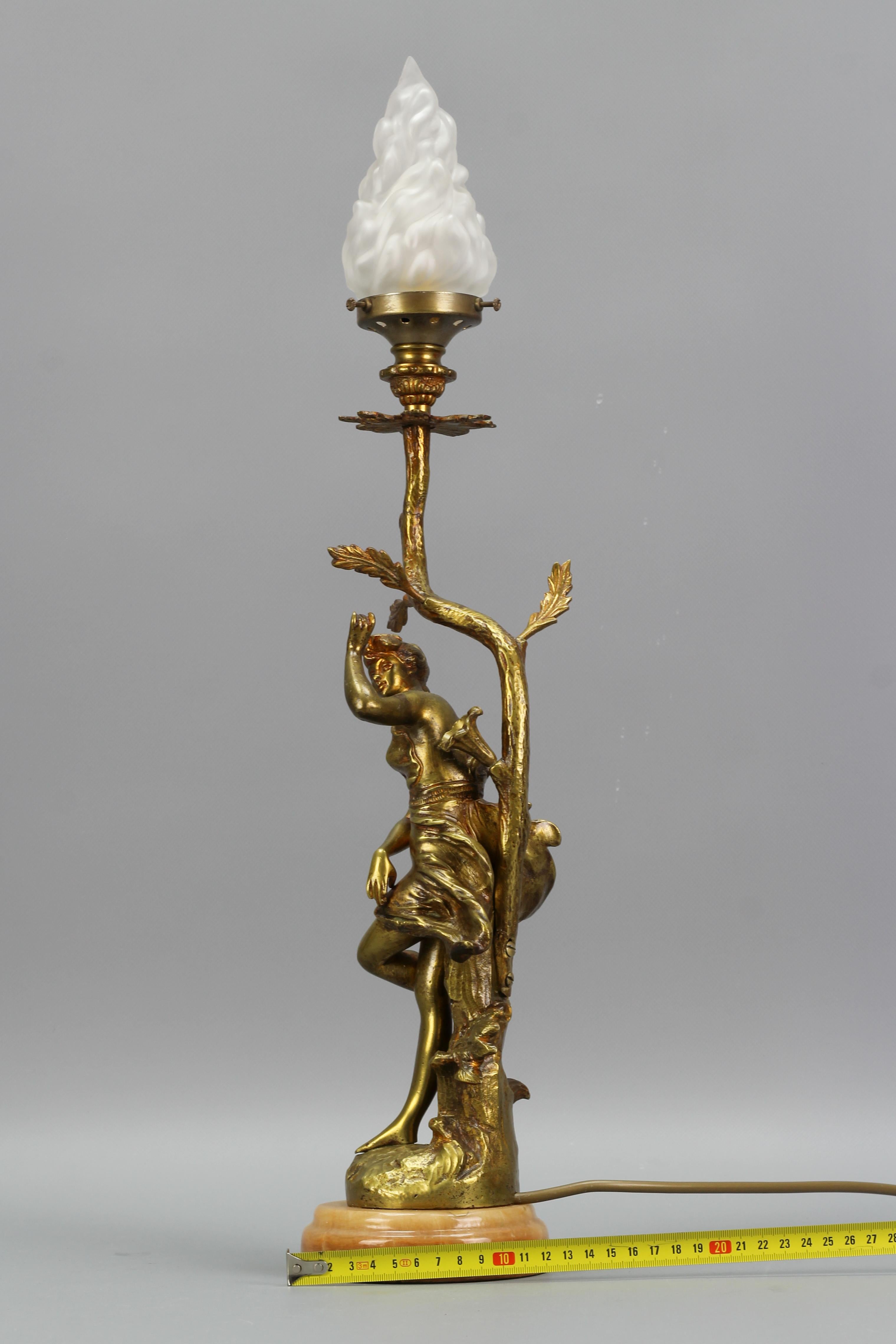 French Art Nouveau Style Bronze, White Glass and Onyx Figural Table Lamp 10