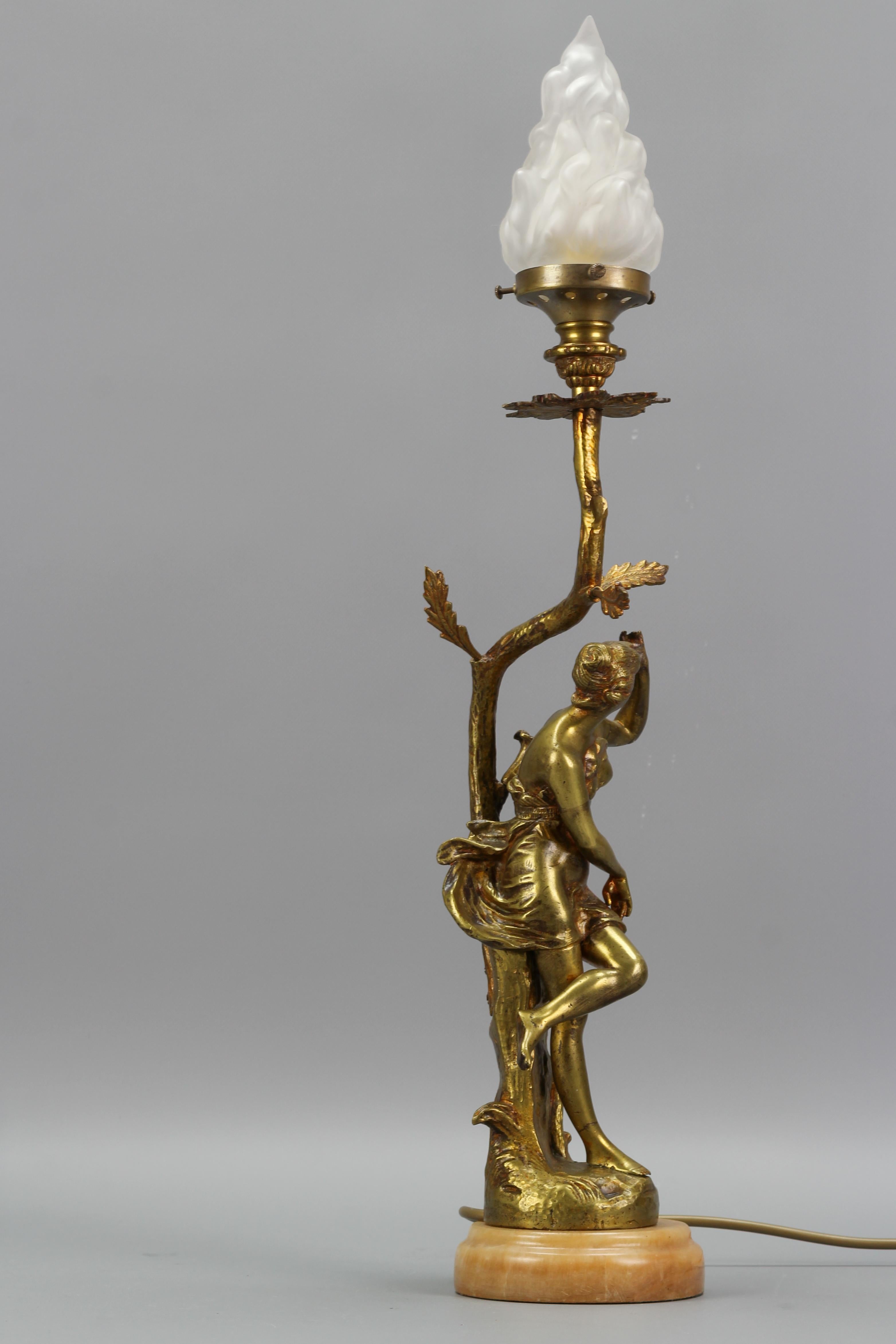 French Art Nouveau Style Bronze, White Glass and Onyx Figural Table Lamp 13
