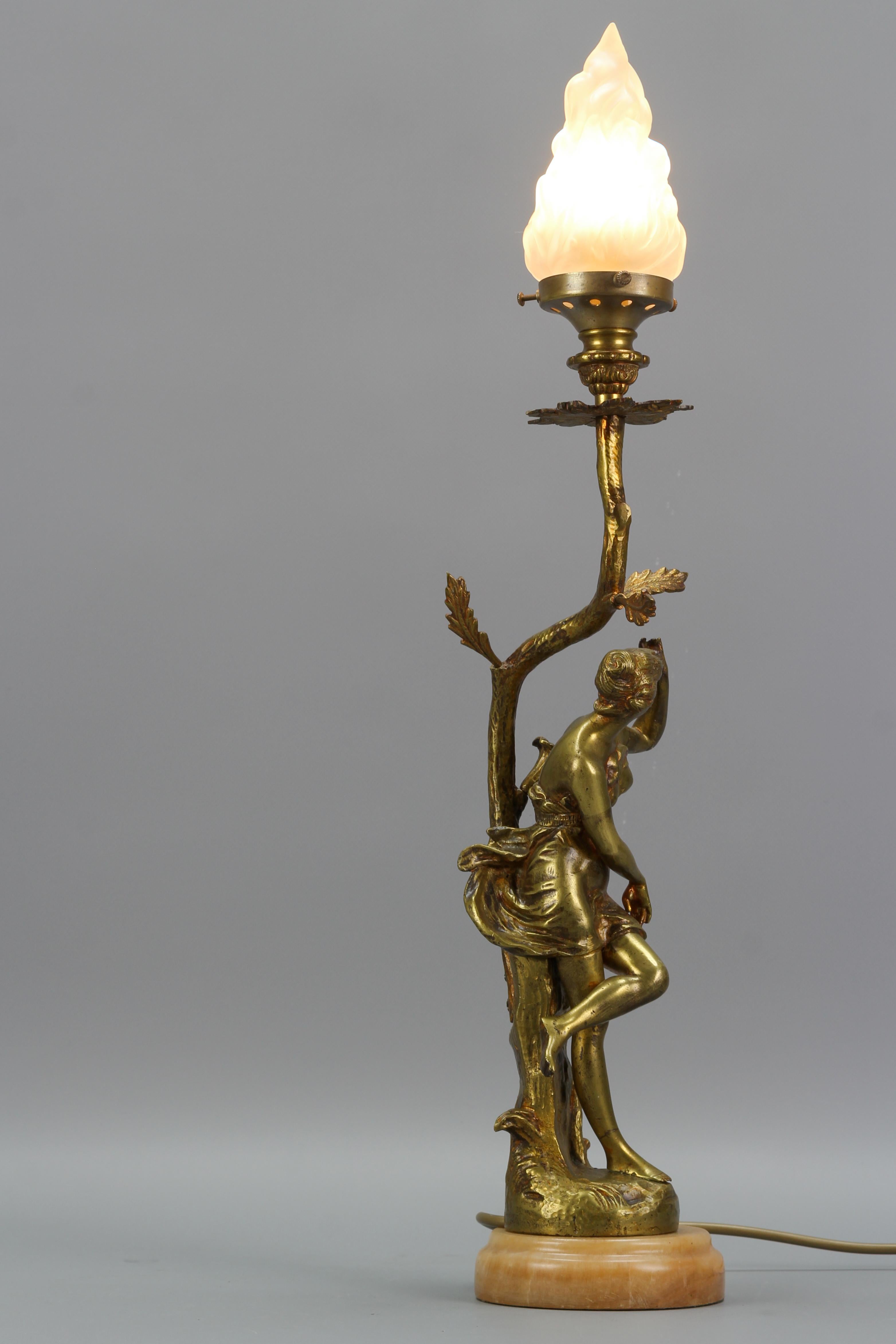 French Art Nouveau Style Bronze, White Glass and Onyx Figural Table Lamp 14