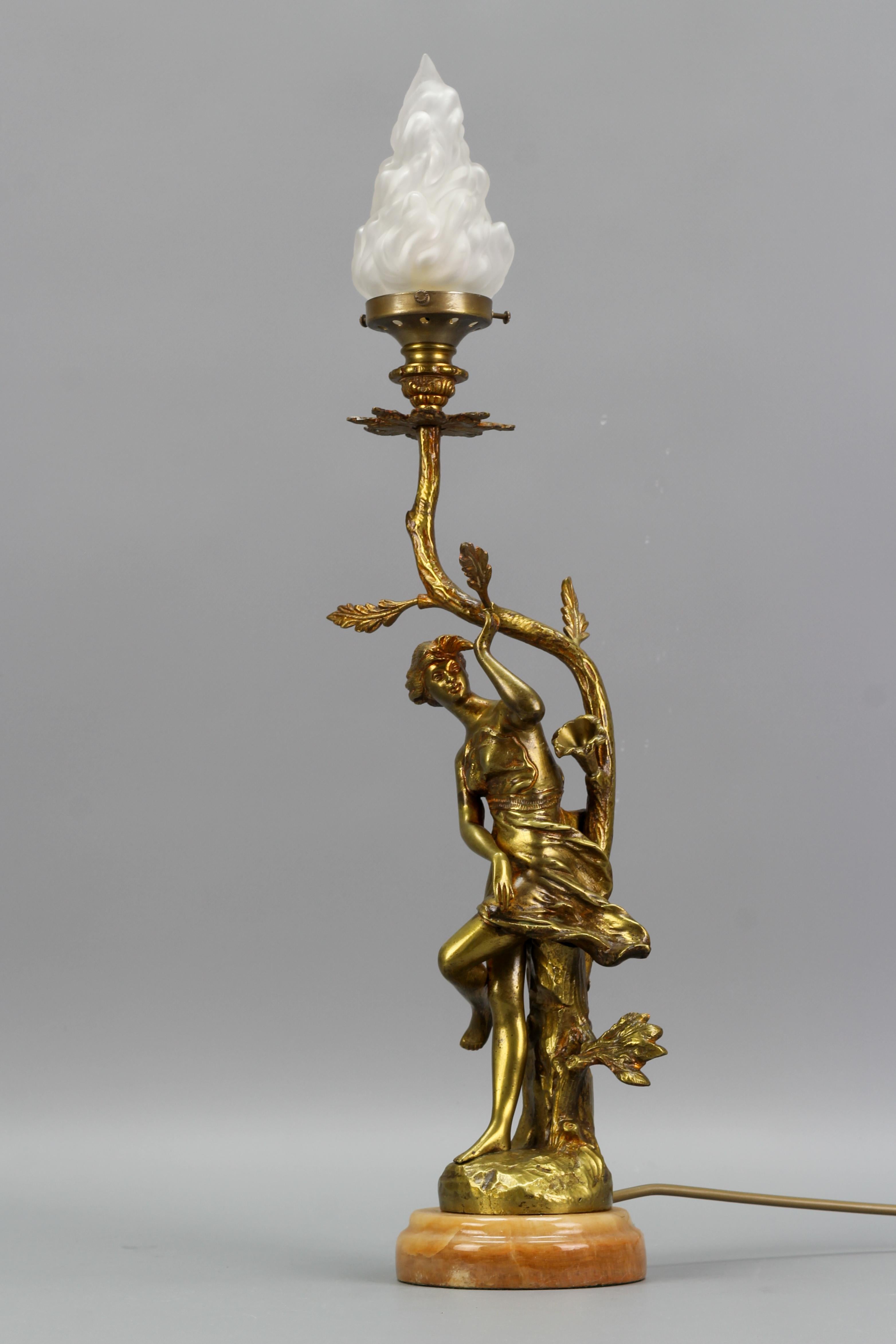 Frosted French Art Nouveau Style Bronze, White Glass and Onyx Figural Table Lamp