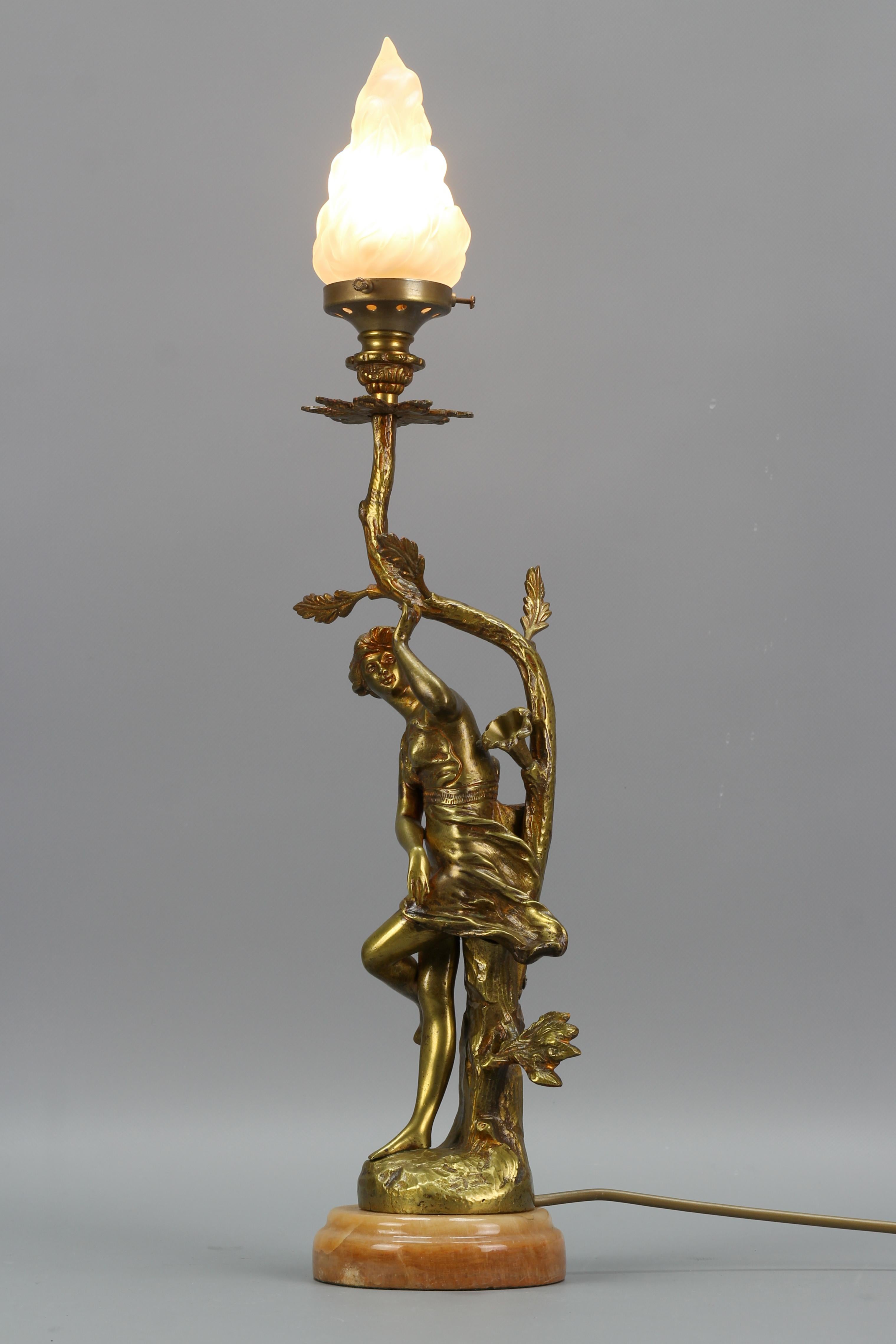 French Art Nouveau Style Bronze, White Glass and Onyx Figural Table Lamp 3