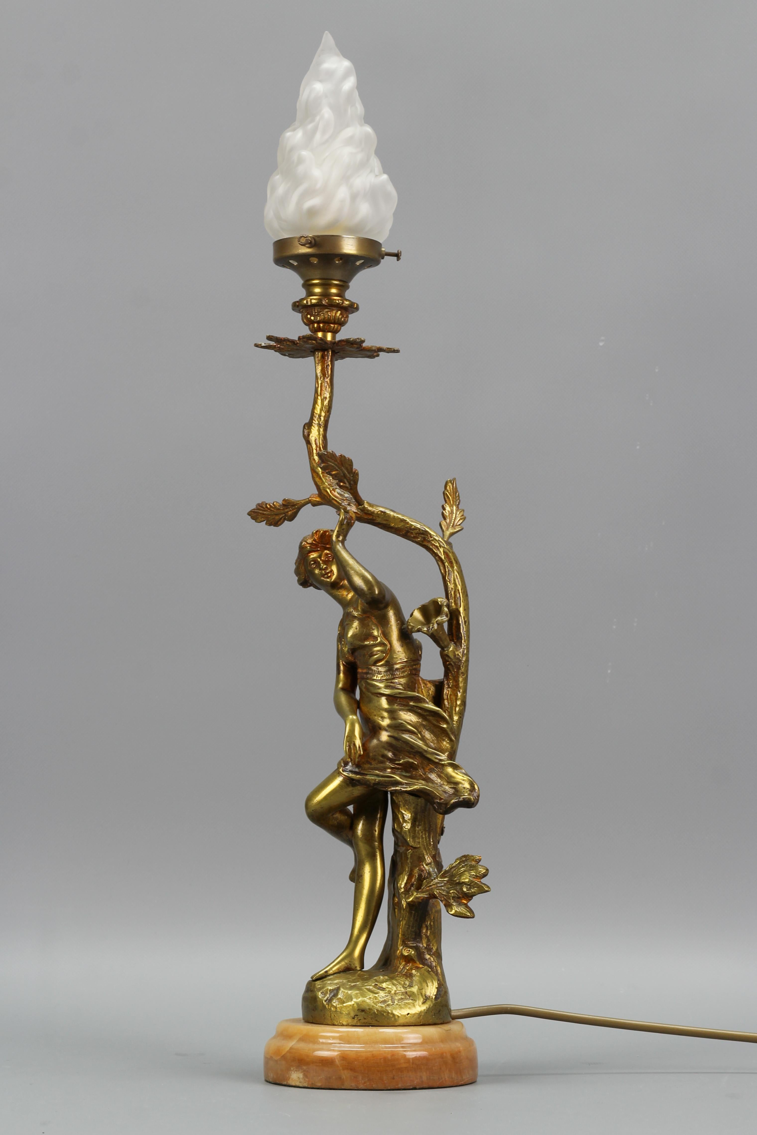 French Art Nouveau Style Bronze, White Glass and Onyx Figural Table Lamp 4