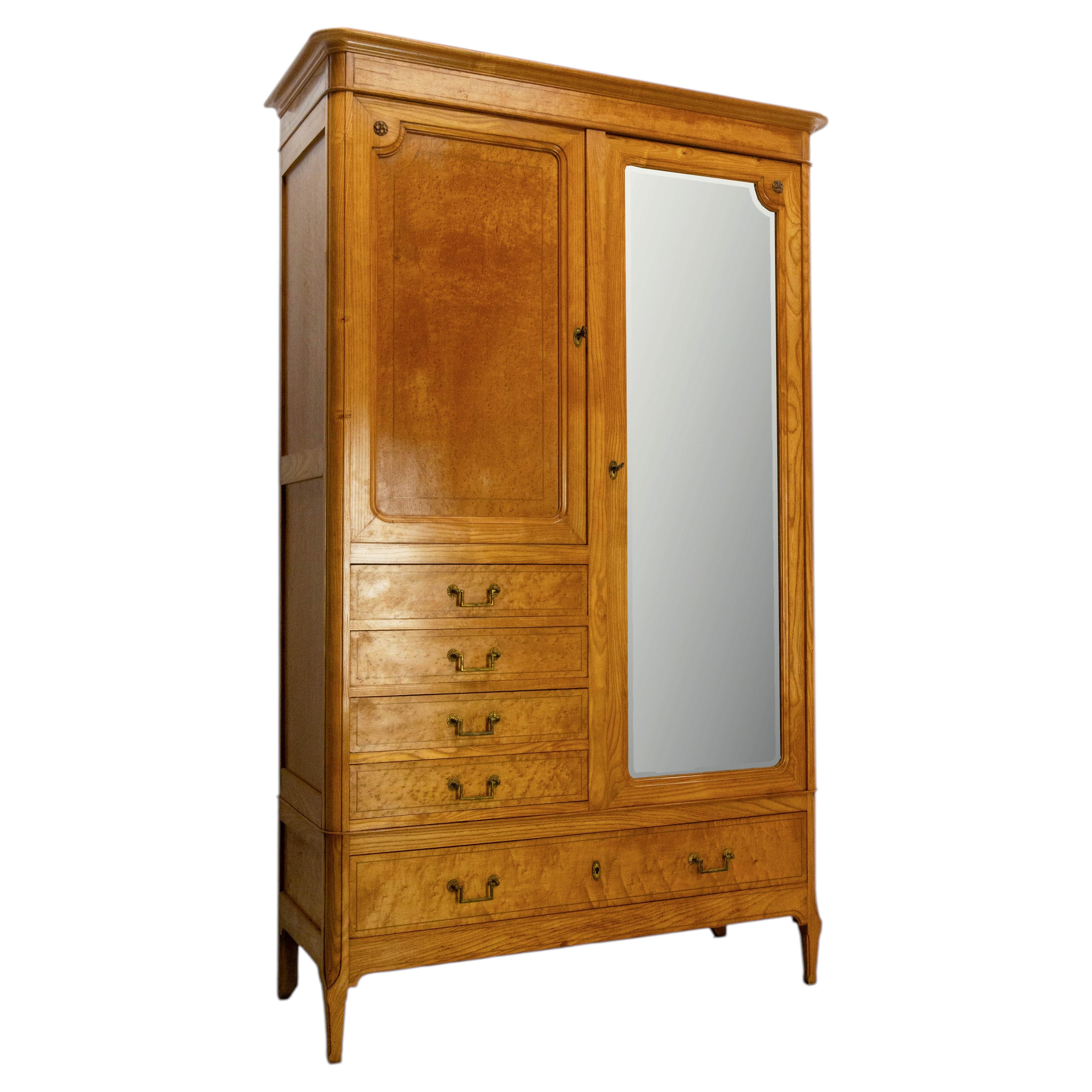 French Art Nouveau Style Dressing Armoire Beveled Mirror, circa 1920