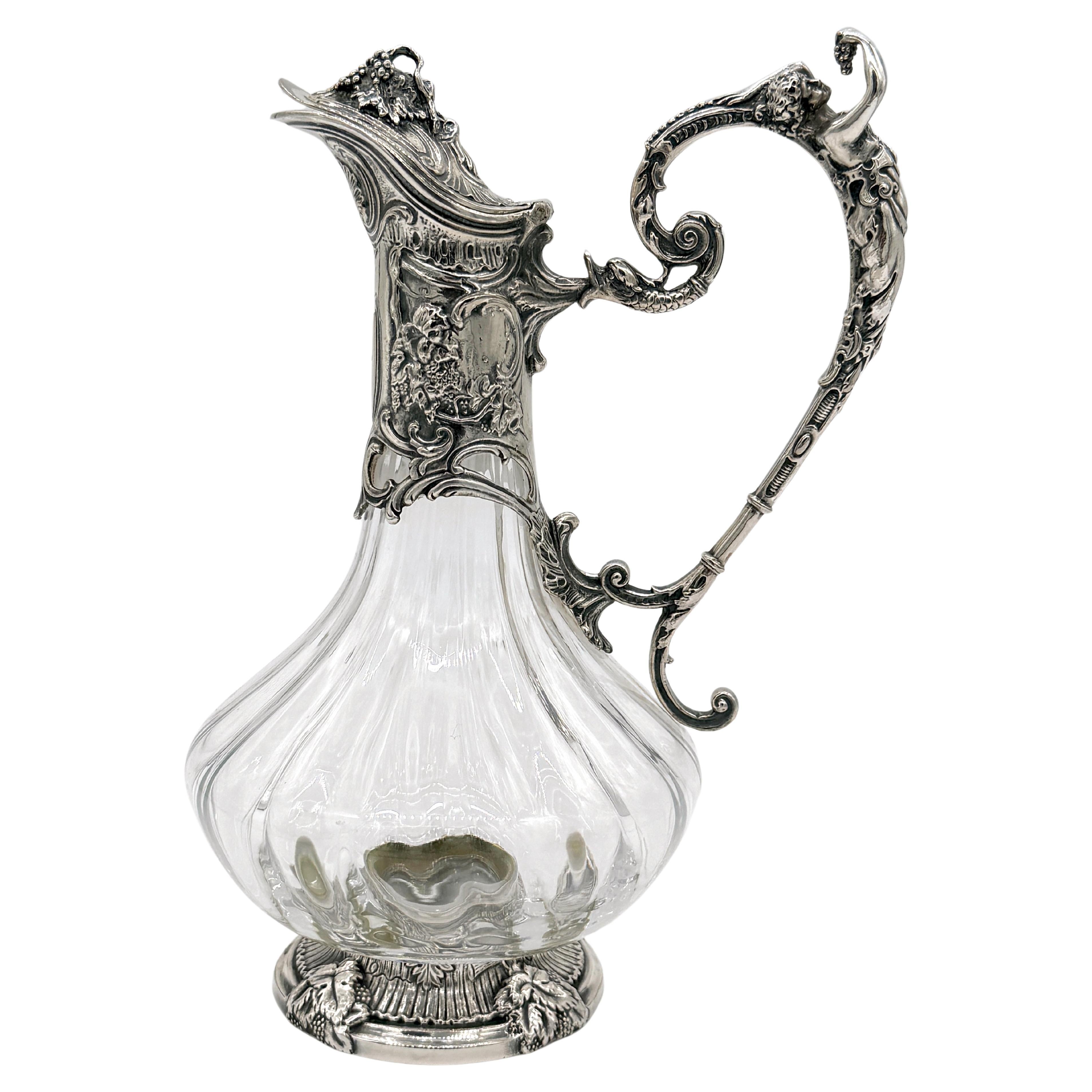 Jarra de clarete francesa de estilo Art Nouveau Figural Silverplate & Cristallerie Lorraine en venta