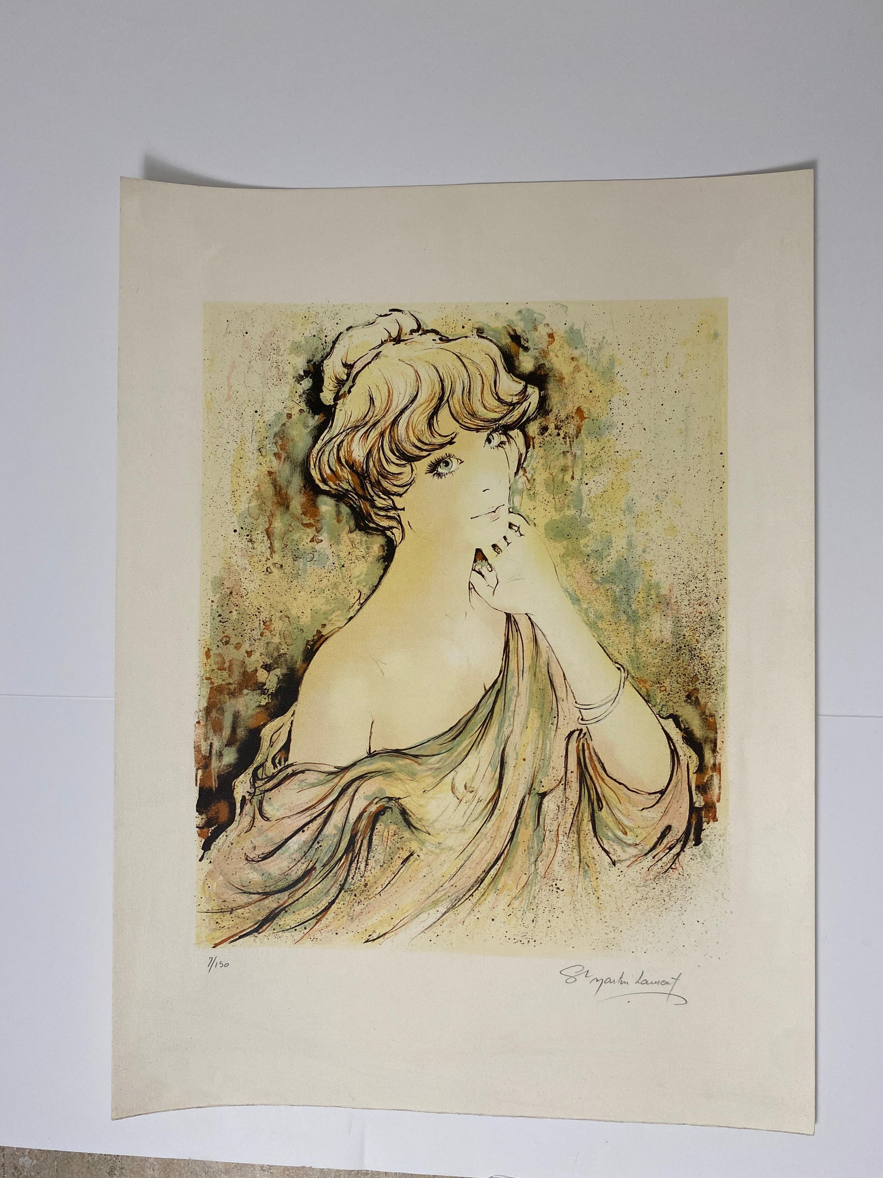Figurative Farblithographie im französischen Art nouveau-Stil, signiert und nummeriert

Diese exquisite französische Originallithografie im ikonischen Jugendstil fängt eine anmutige weibliche Figur in einer fesselnden Pose ein. Das Werk ist vom