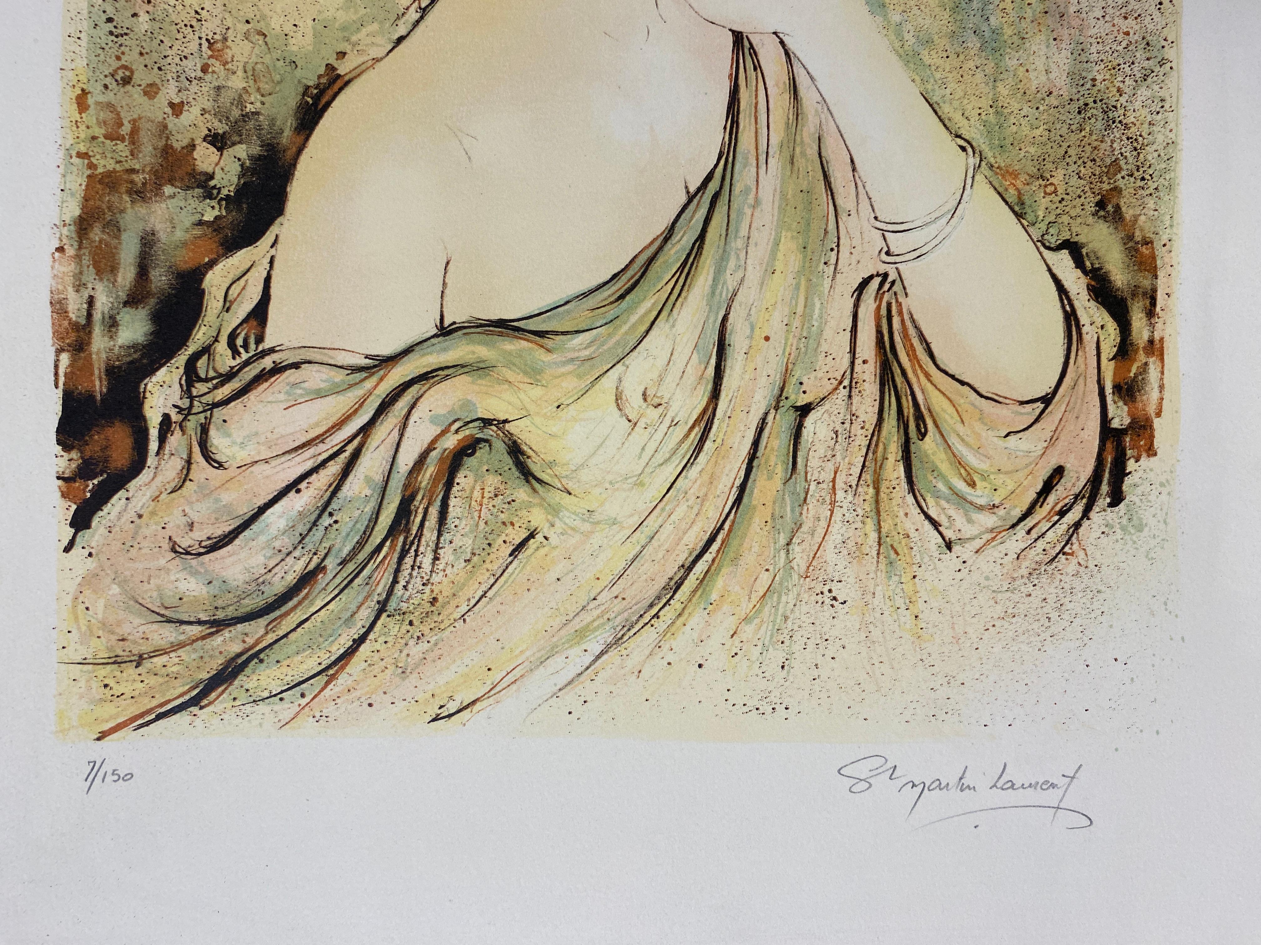 Figurative Farblithographie im französischen Art nouveau-Stil, signiert und nummeriert im Zustand „Gut“ im Angebot in Miami, FL