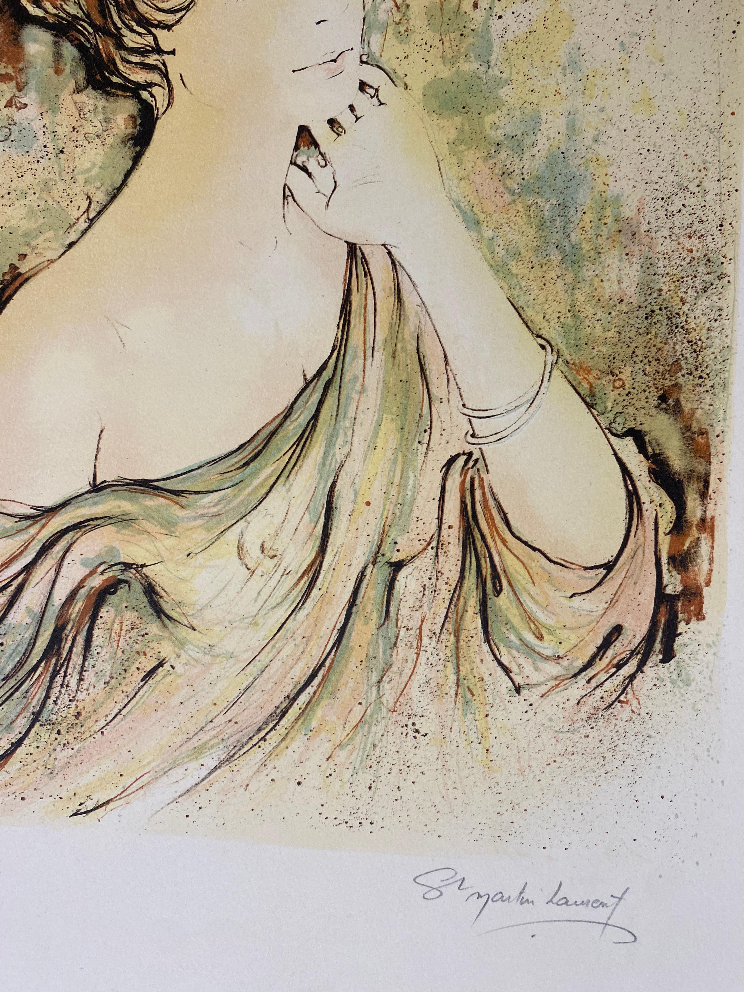 Figurative Farblithographie im französischen Art nouveau-Stil, signiert und nummeriert (Papier) im Angebot