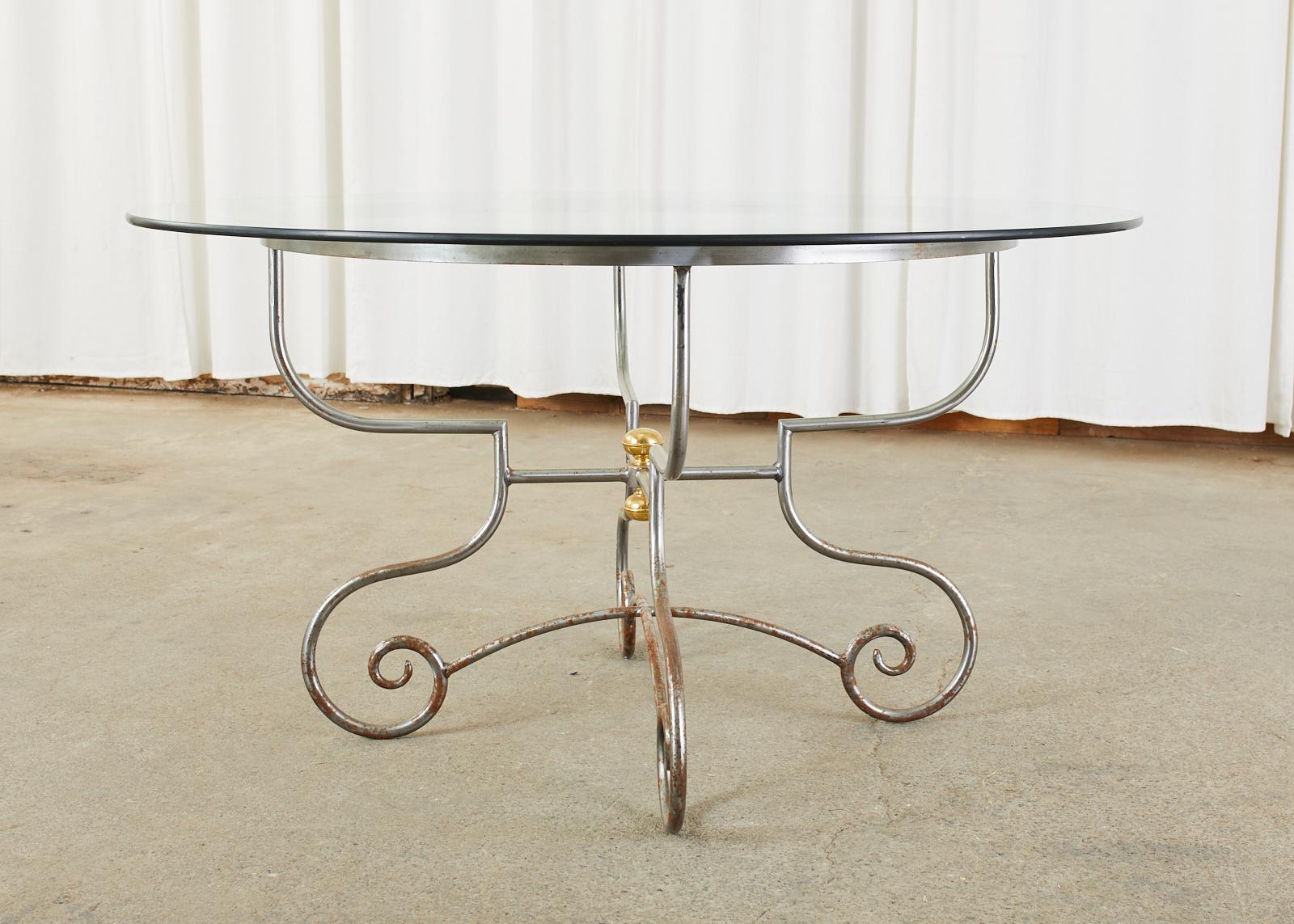French Bistro Style Patinated Iron Brass Garden Dining Table For Sale 2