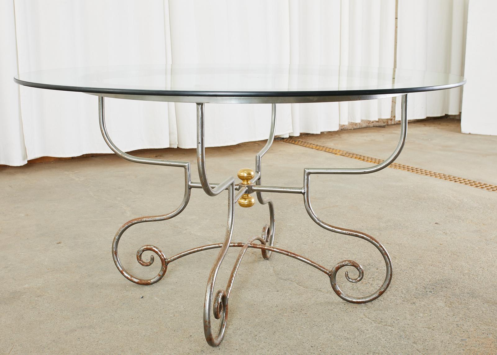 French Bistro Style Patinated Iron Brass Garden Dining Table For Sale 7