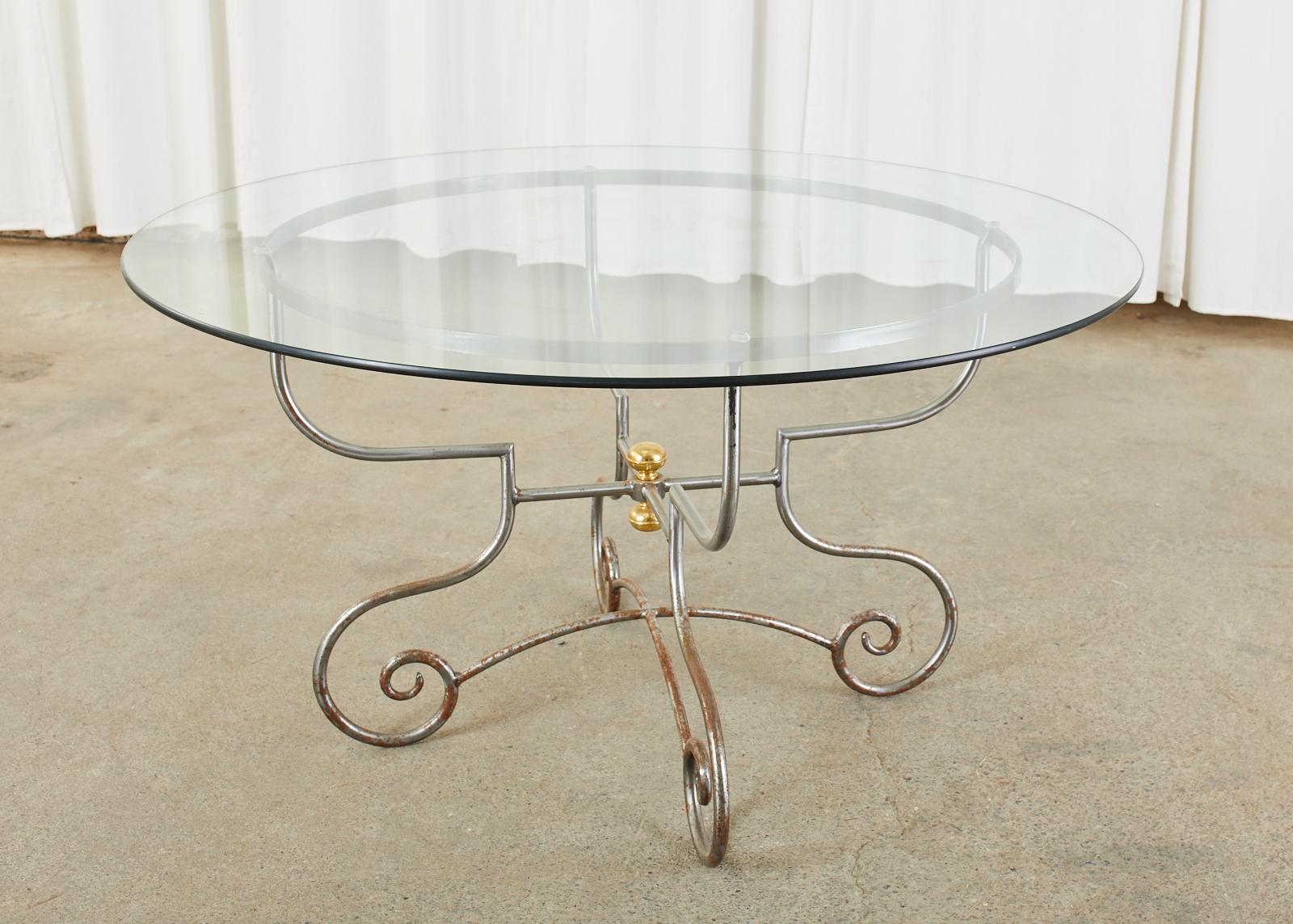 French Bistro Style Patinated Iron Brass Garden Dining Table For Sale 8