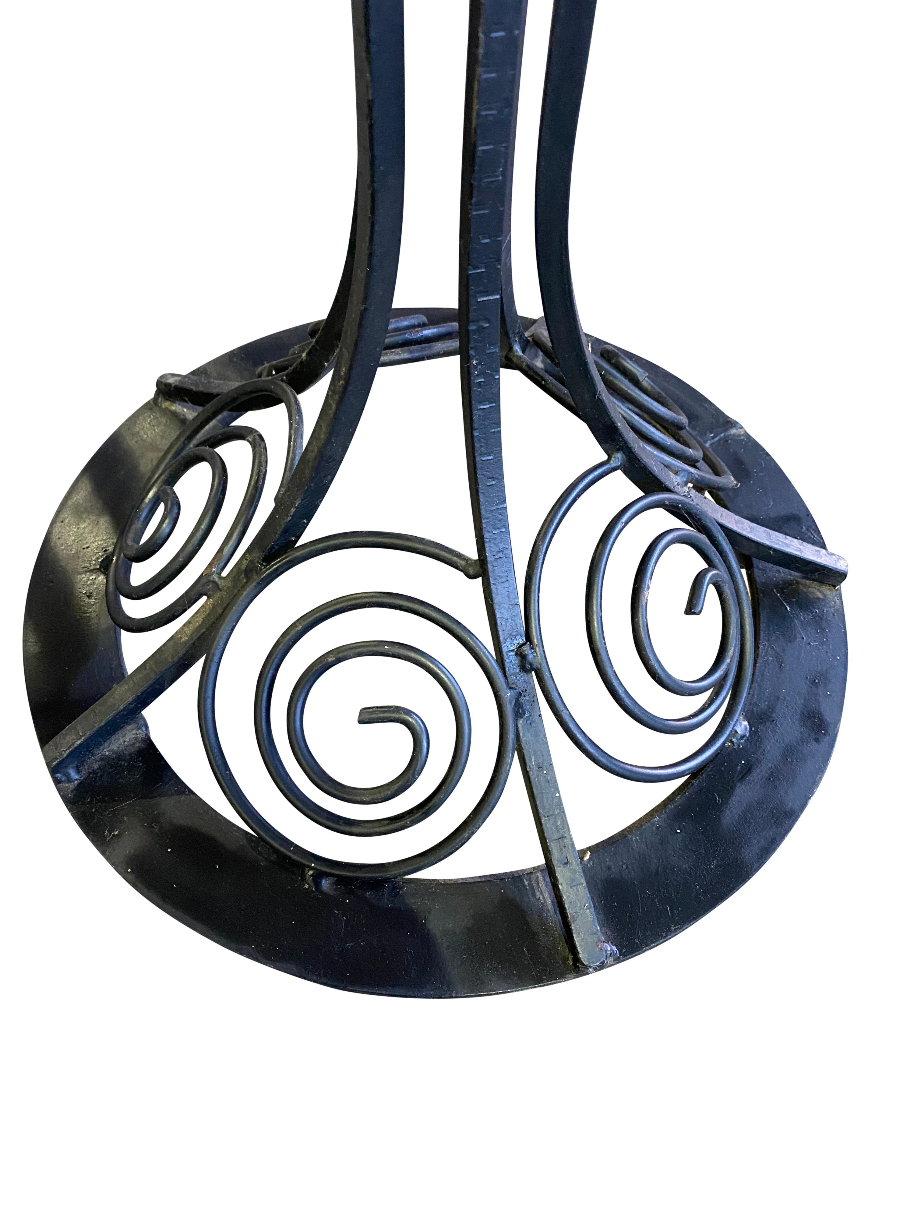 French Art Nouveau Style Lamp in Wrought Iron with Colored Glass Shades 4