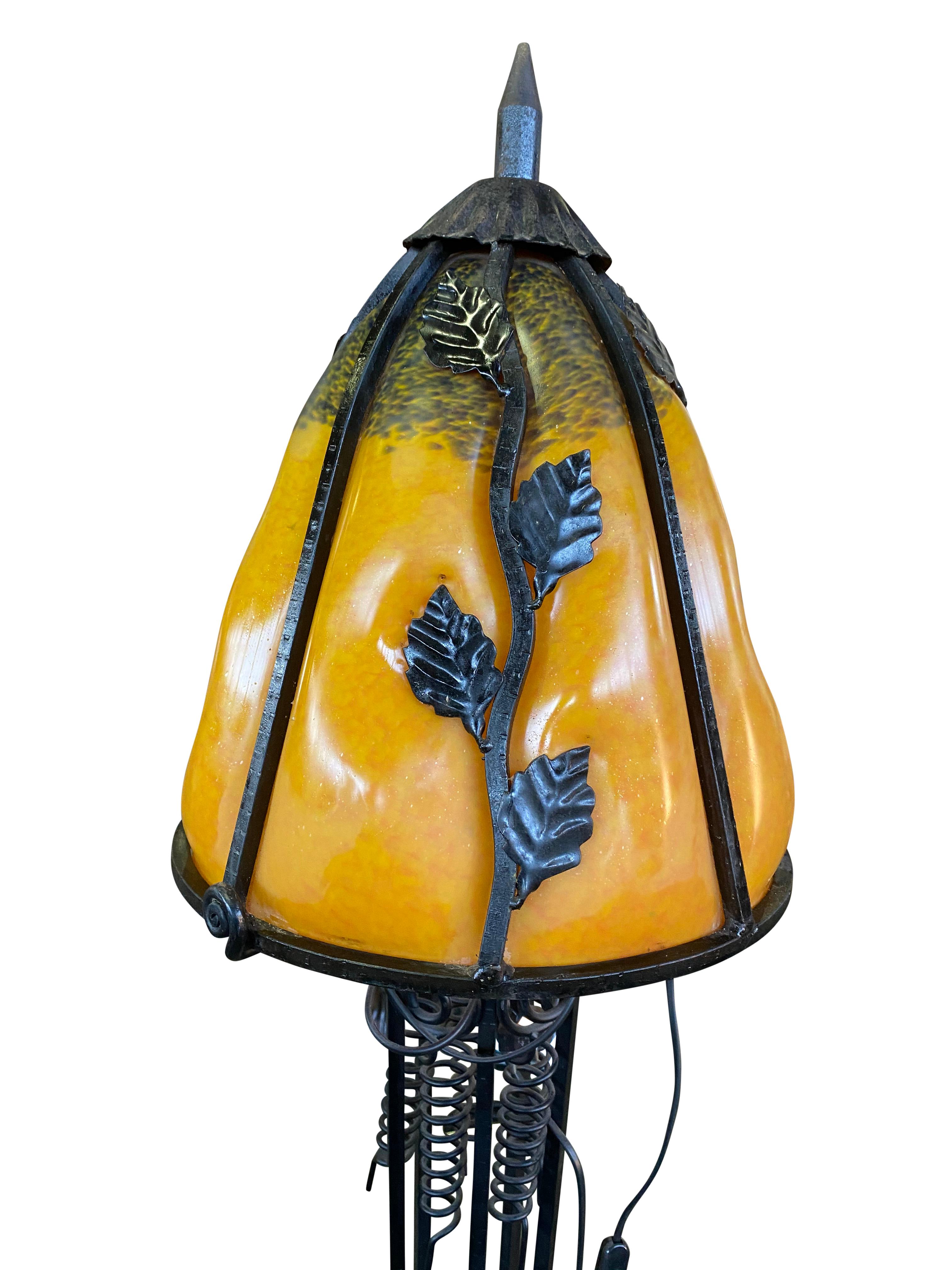 French Art Nouveau Style Lamp in Wrought Iron with Colored Glass Shades (Art nouveau)