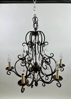 French Art Nouveau Style Metal & Crystal 6 Light Scroll Chandelier