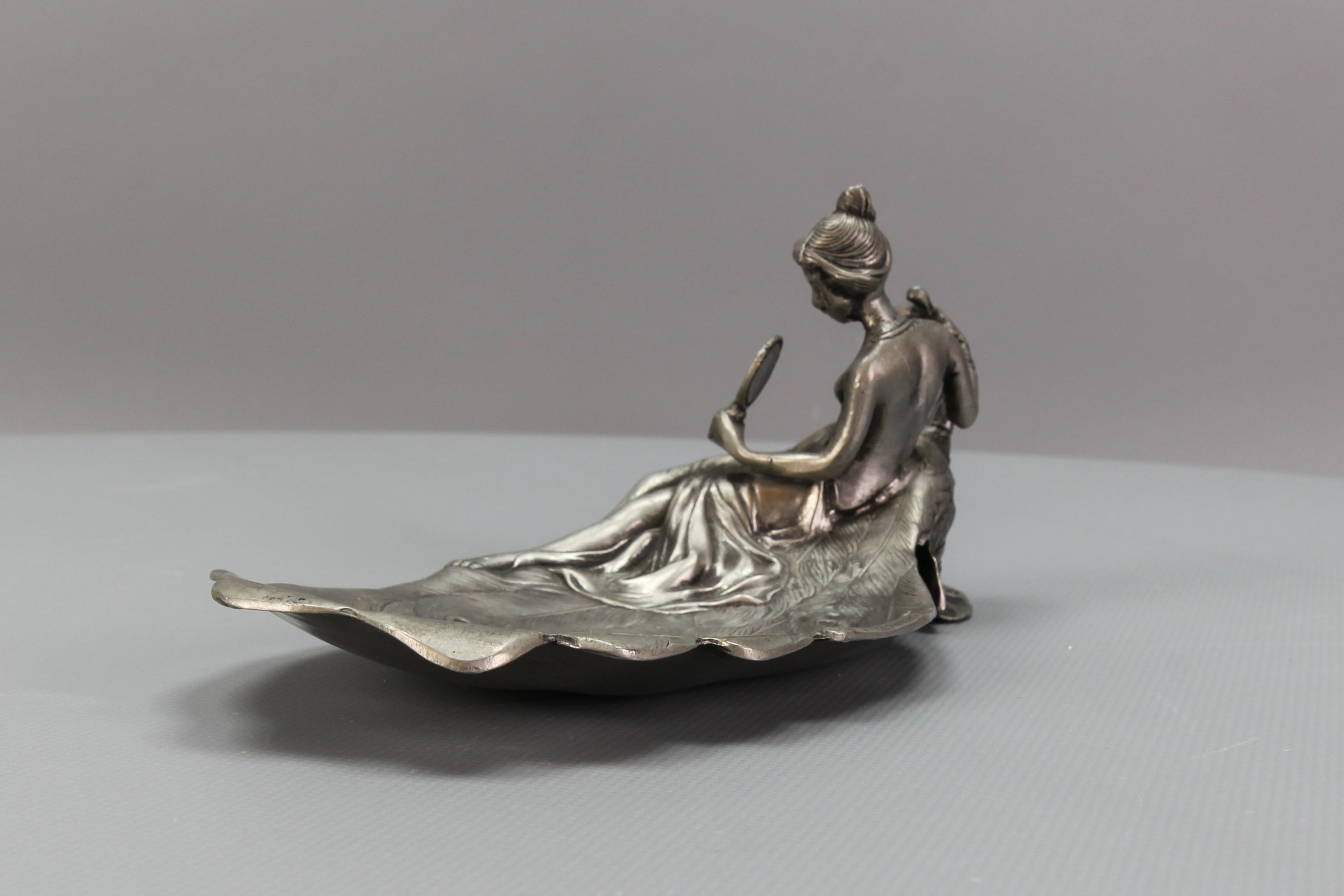 French Art Nouveau Style Pewter Vide - Poche or Pin Tray a Lady with a Peacock For Sale 6
