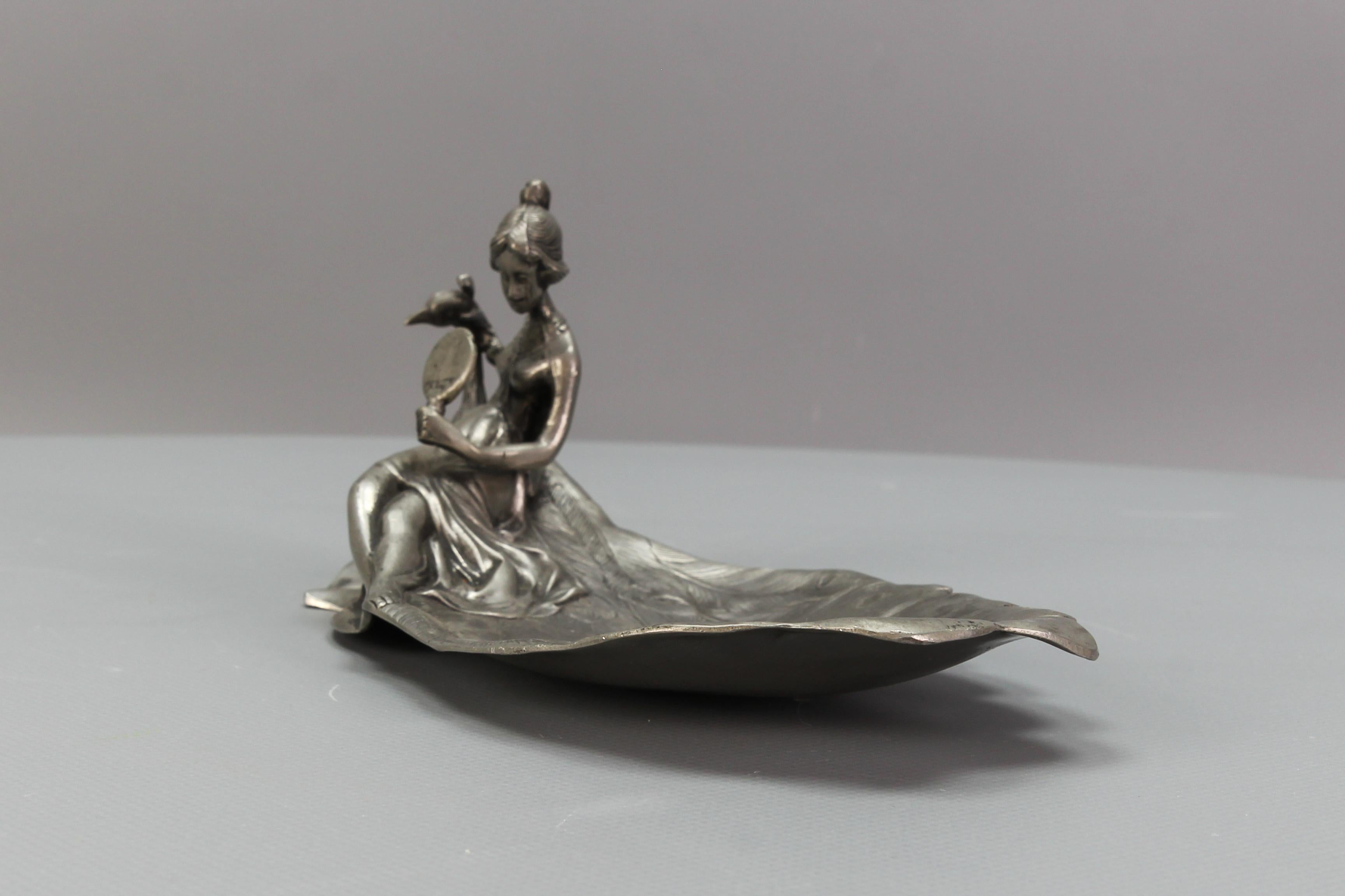 French Art Nouveau Style Pewter Vide - Poche or Pin Tray a Lady with a Peacock For Sale 7
