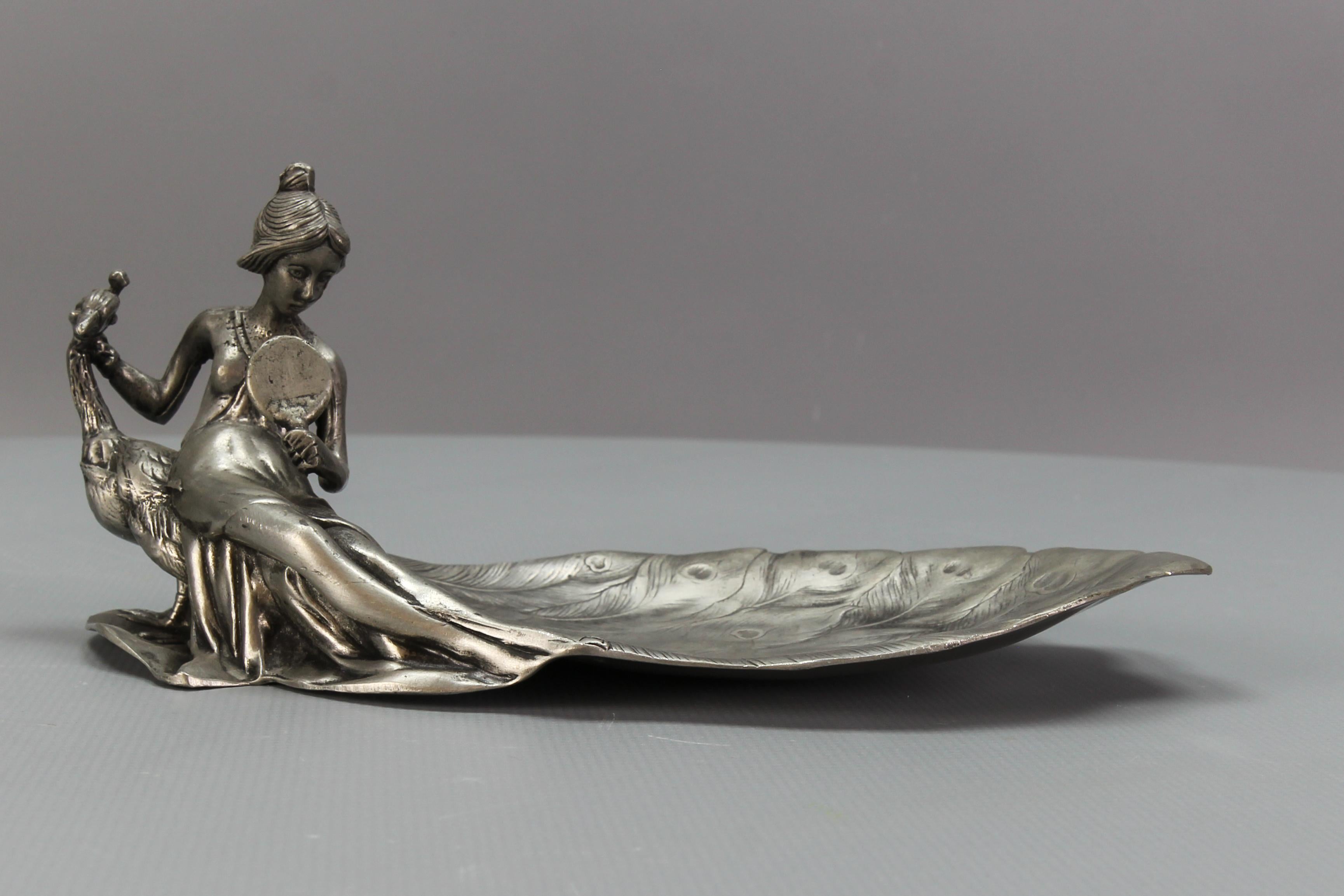 French Art Nouveau Style Pewter Vide - Poche or Pin Tray a Lady with a Peacock For Sale 8