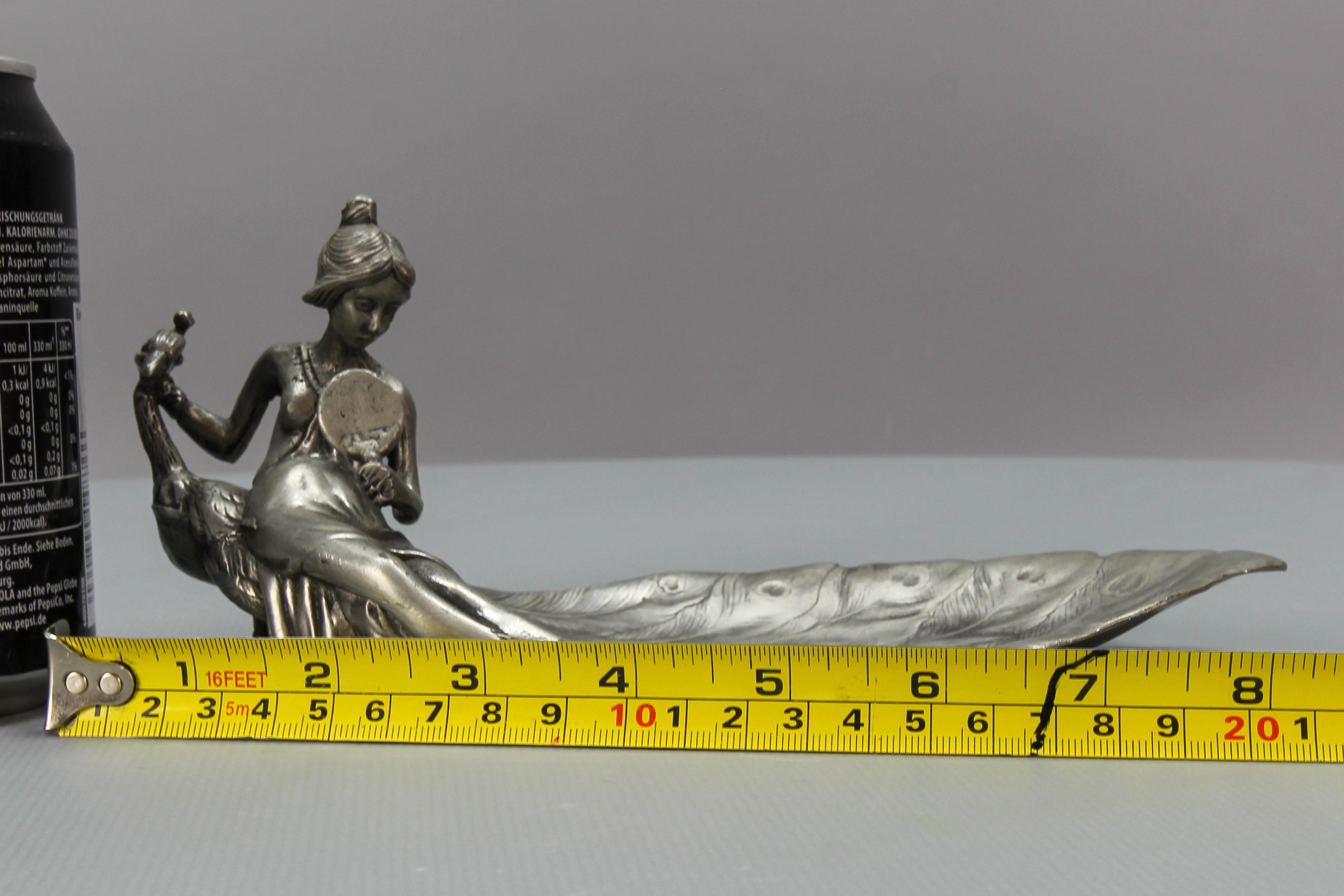 French Art Nouveau Style Pewter Vide - Poche or Pin Tray a Lady with a Peacock For Sale 9