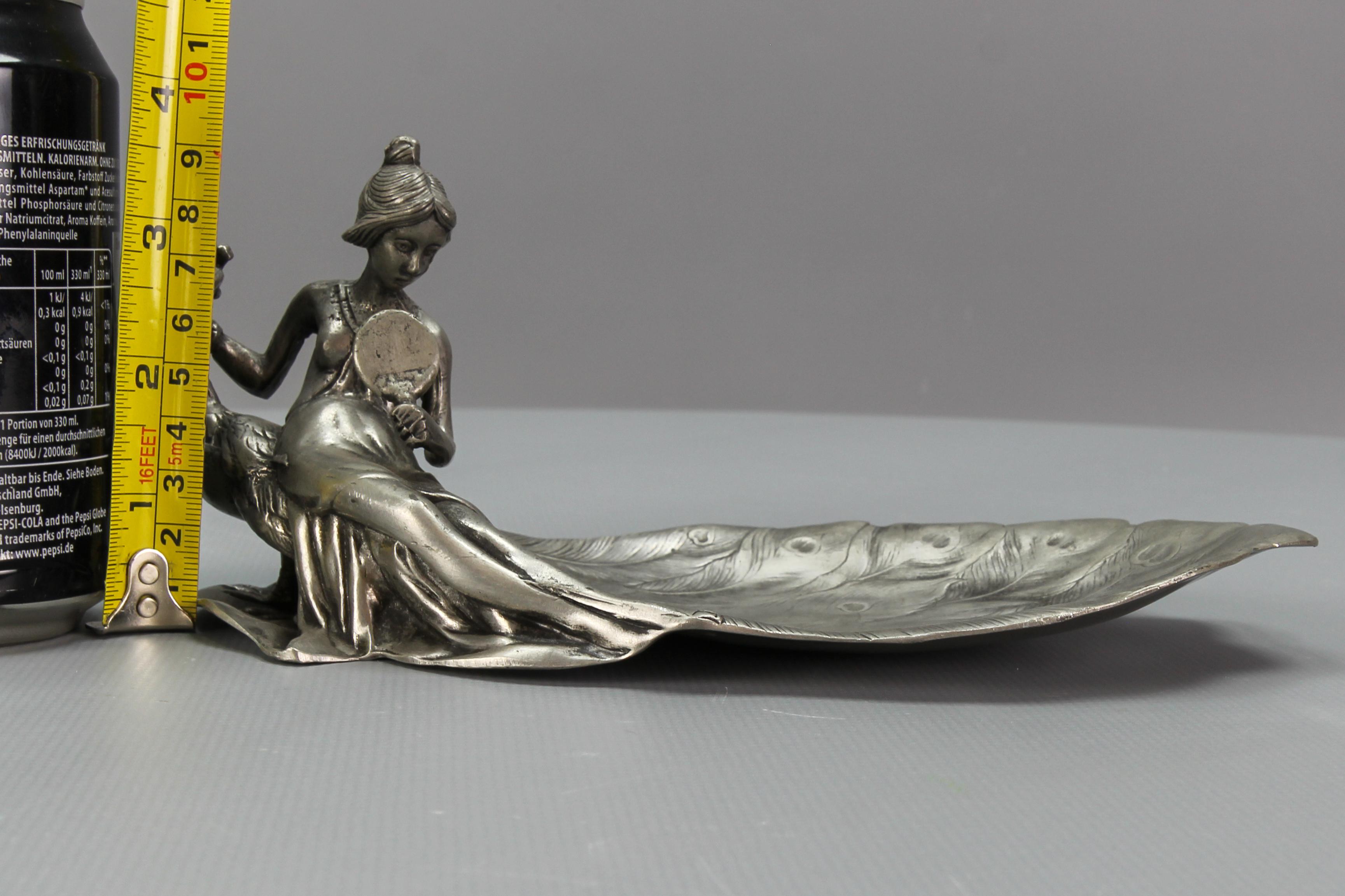French Art Nouveau Style Pewter Vide - Poche or Pin Tray a Lady with a Peacock For Sale 10