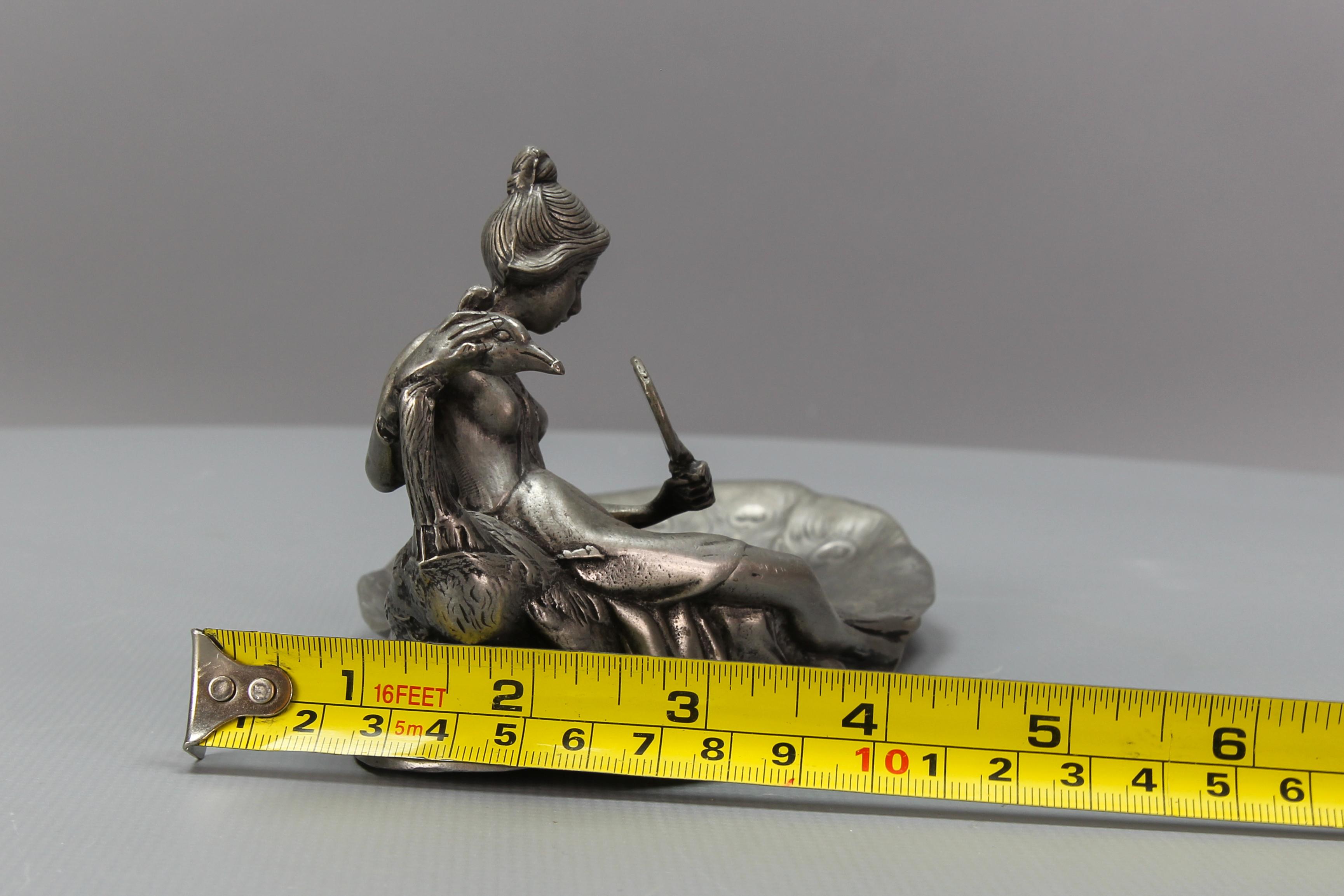 French Art Nouveau Style Pewter Vide - Poche or Pin Tray a Lady with a Peacock For Sale 11