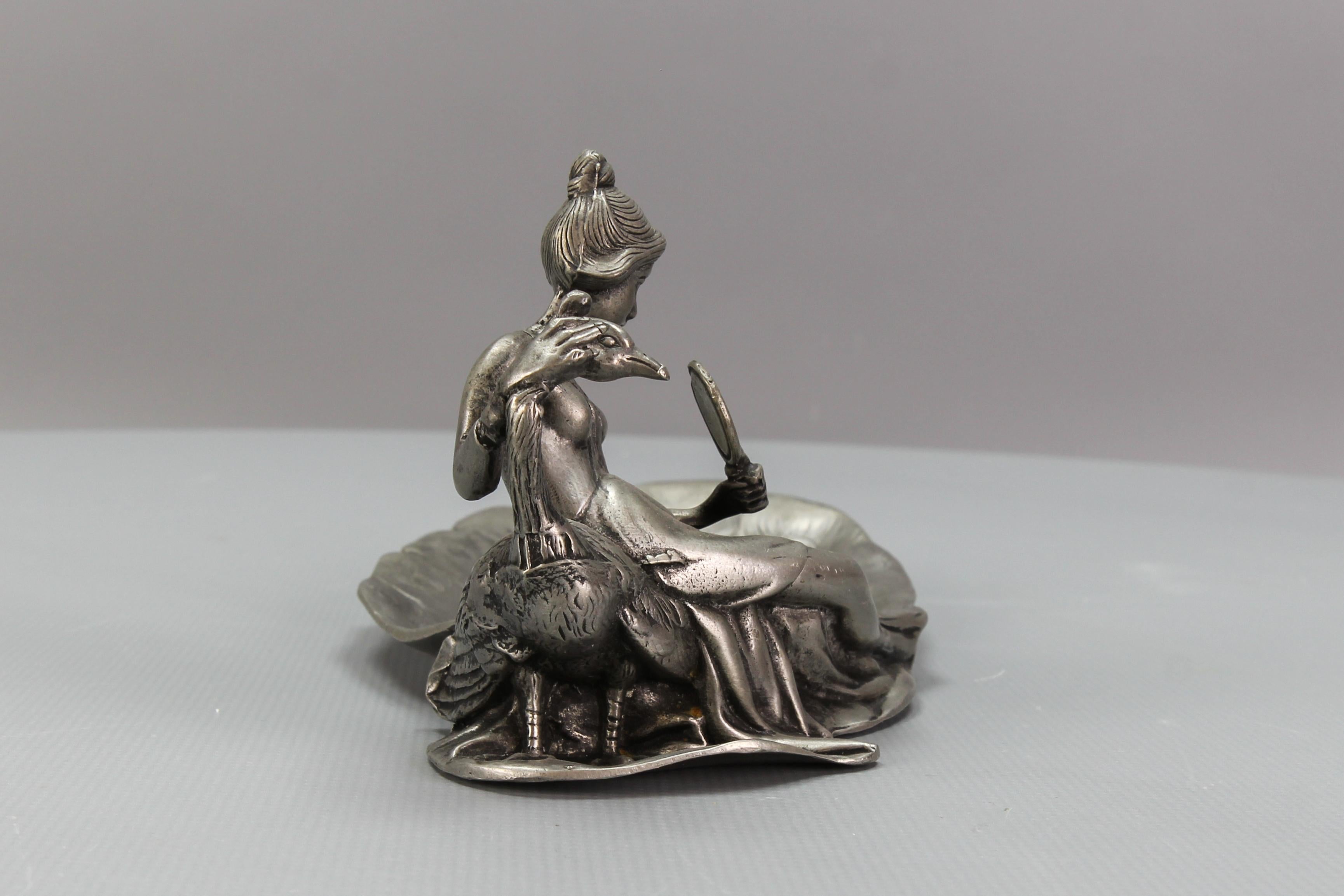 French Art Nouveau Style Pewter Vide - Poche or Pin Tray a Lady with a Peacock For Sale 12