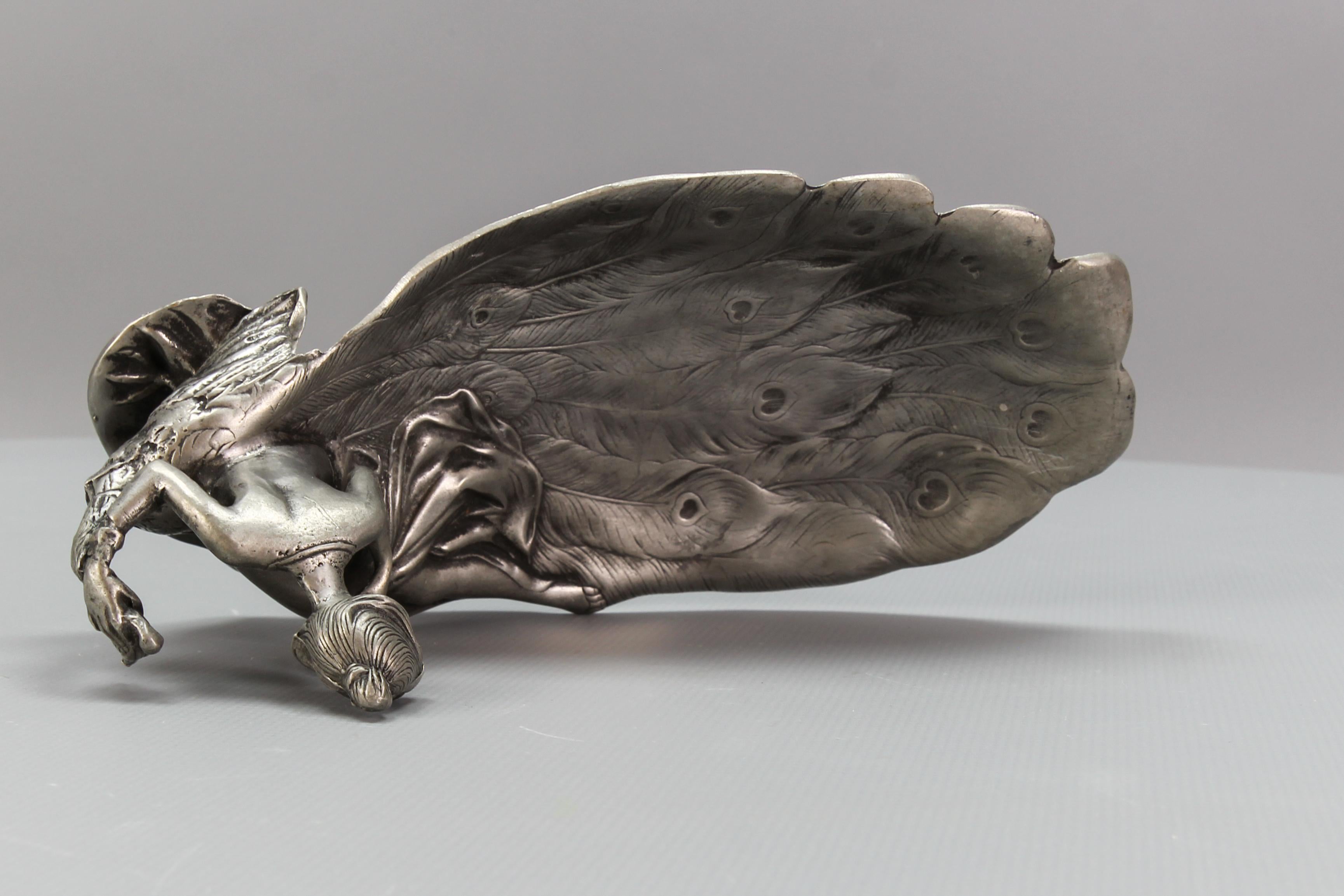 French Art Nouveau Style Pewter Vide - Poche or Pin Tray a Lady with a Peacock For Sale 14