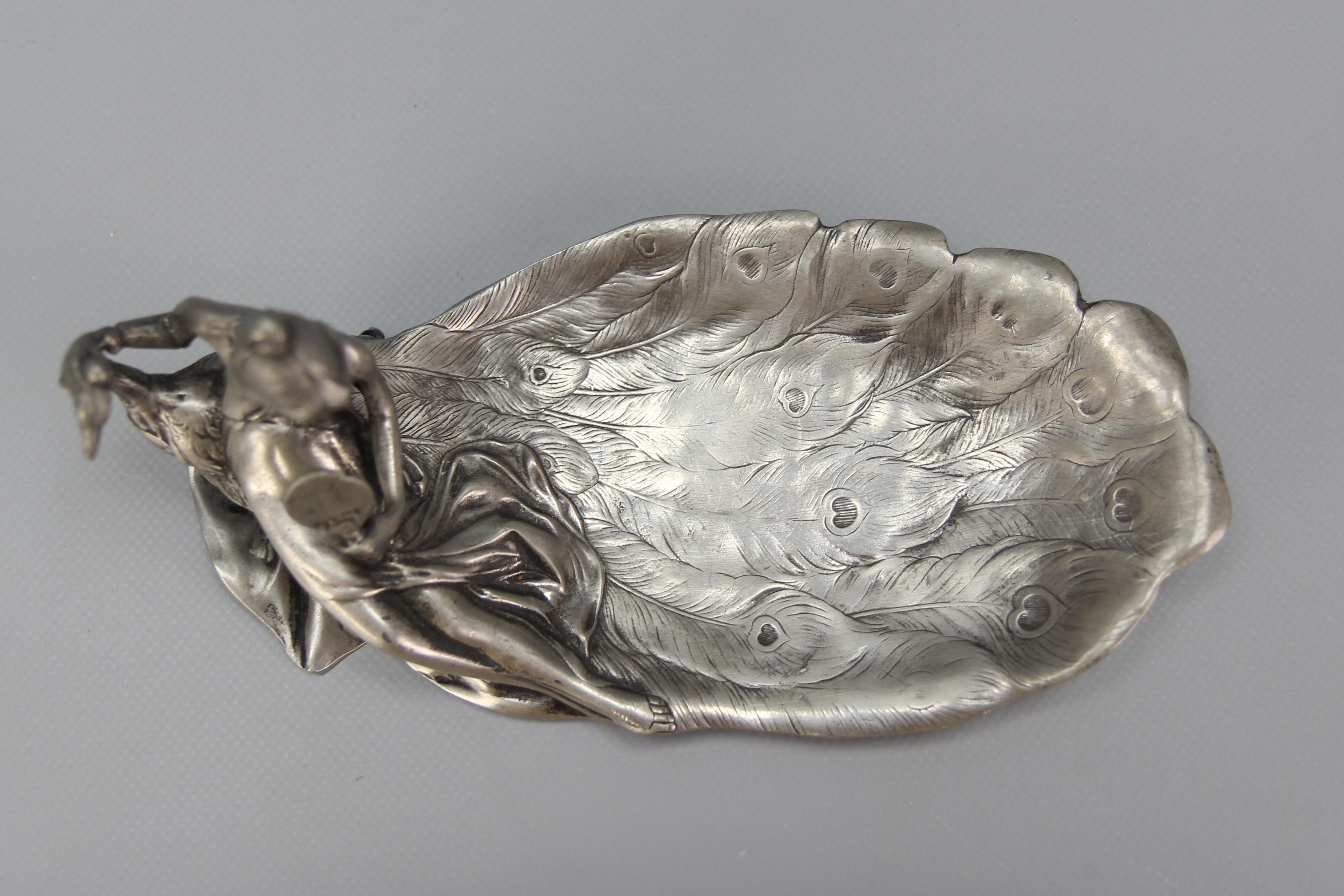 French Art Nouveau Style Pewter Vide - Poche or Pin Tray a Lady with a Peacock For Sale 16