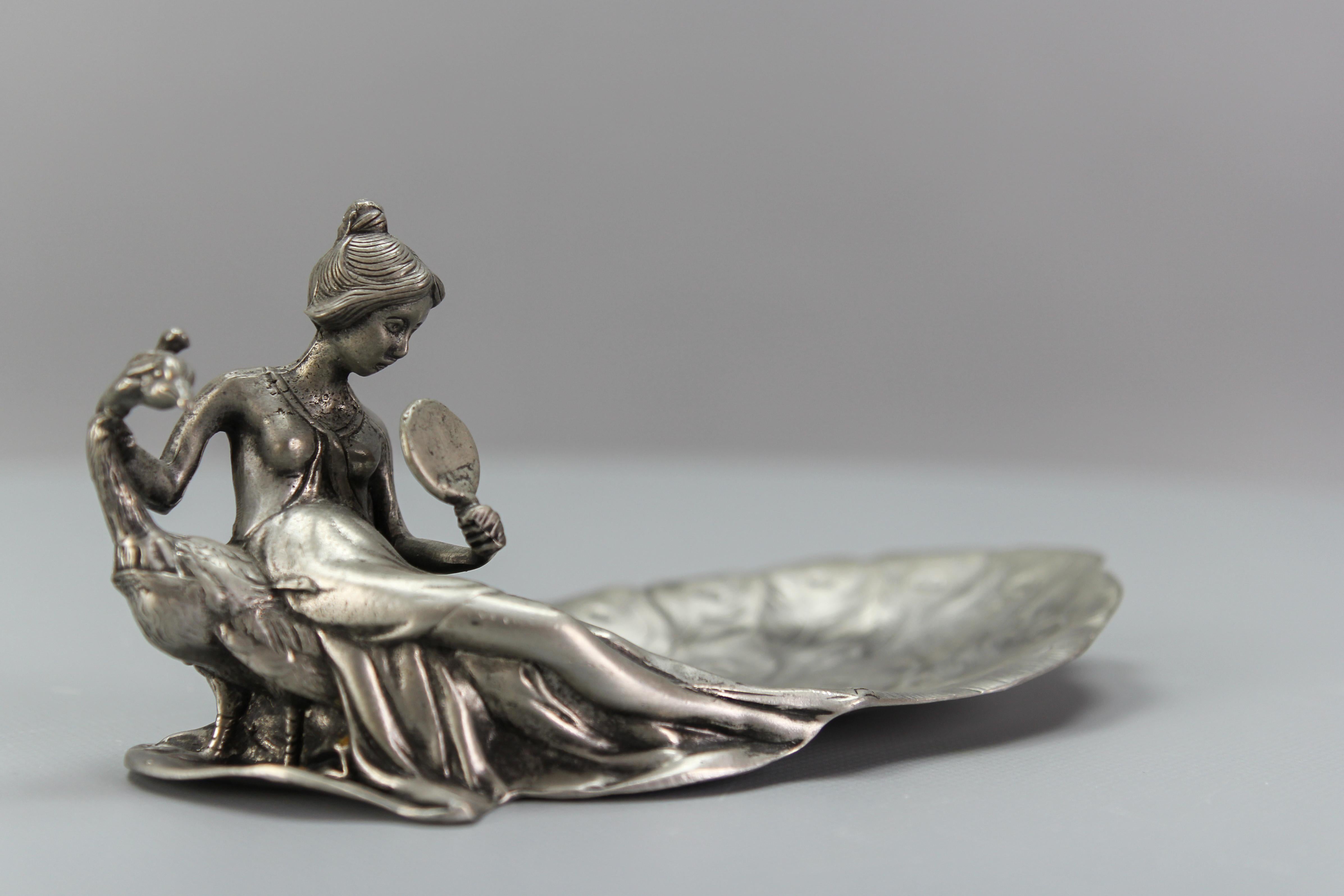 French Art Nouveau Style Pewter Vide - Poche or Pin Tray a Lady with a Peacock In Good Condition For Sale In Barntrup, DE