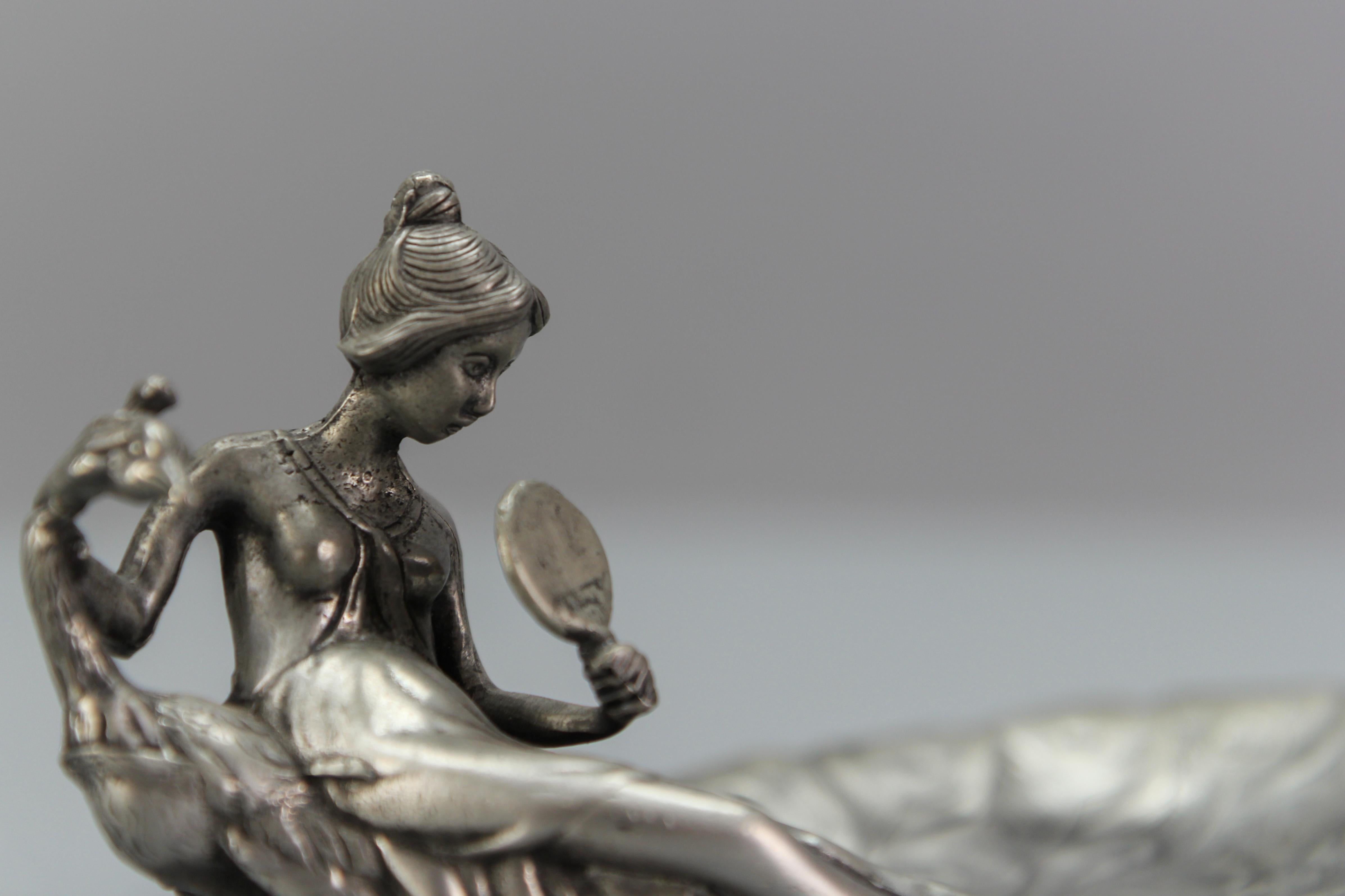 Mid-20th Century French Art Nouveau Style Pewter Vide - Poche or Pin Tray a Lady with a Peacock For Sale
