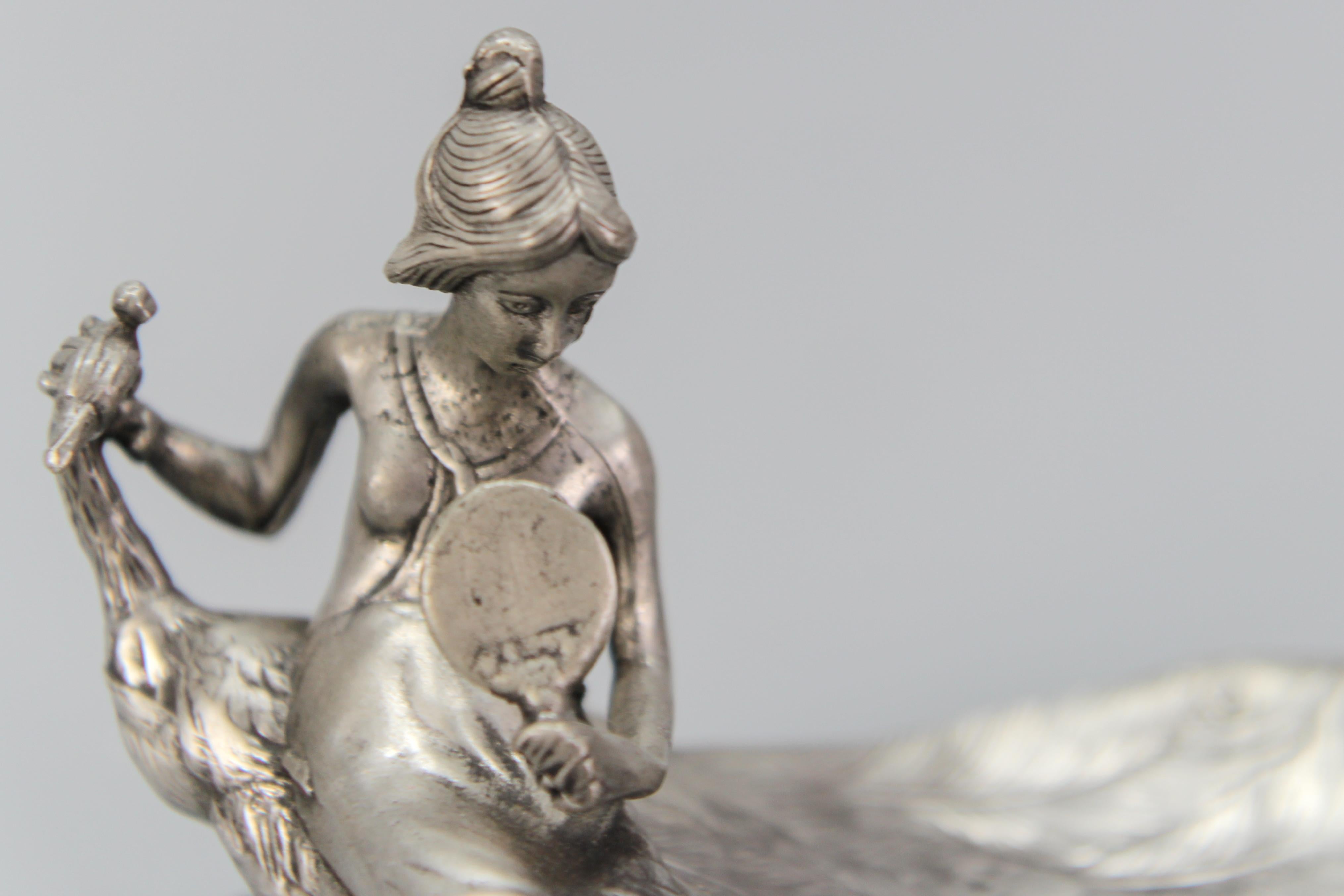 French Art Nouveau Style Pewter Vide - Poche or Pin Tray a Lady with a Peacock For Sale 2