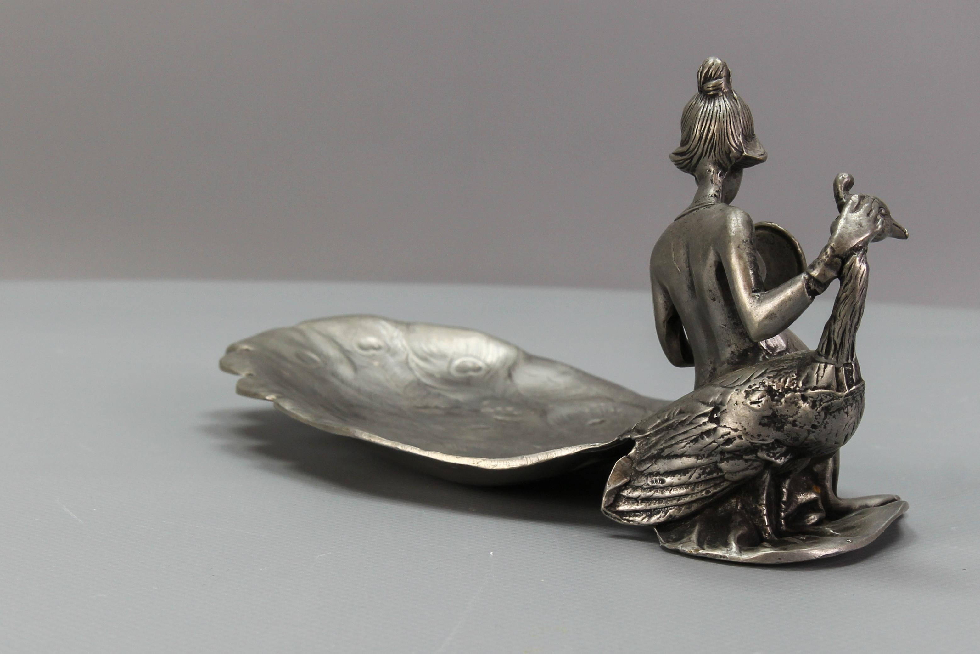French Art Nouveau Style Pewter Vide - Poche or Pin Tray a Lady with a Peacock For Sale 4