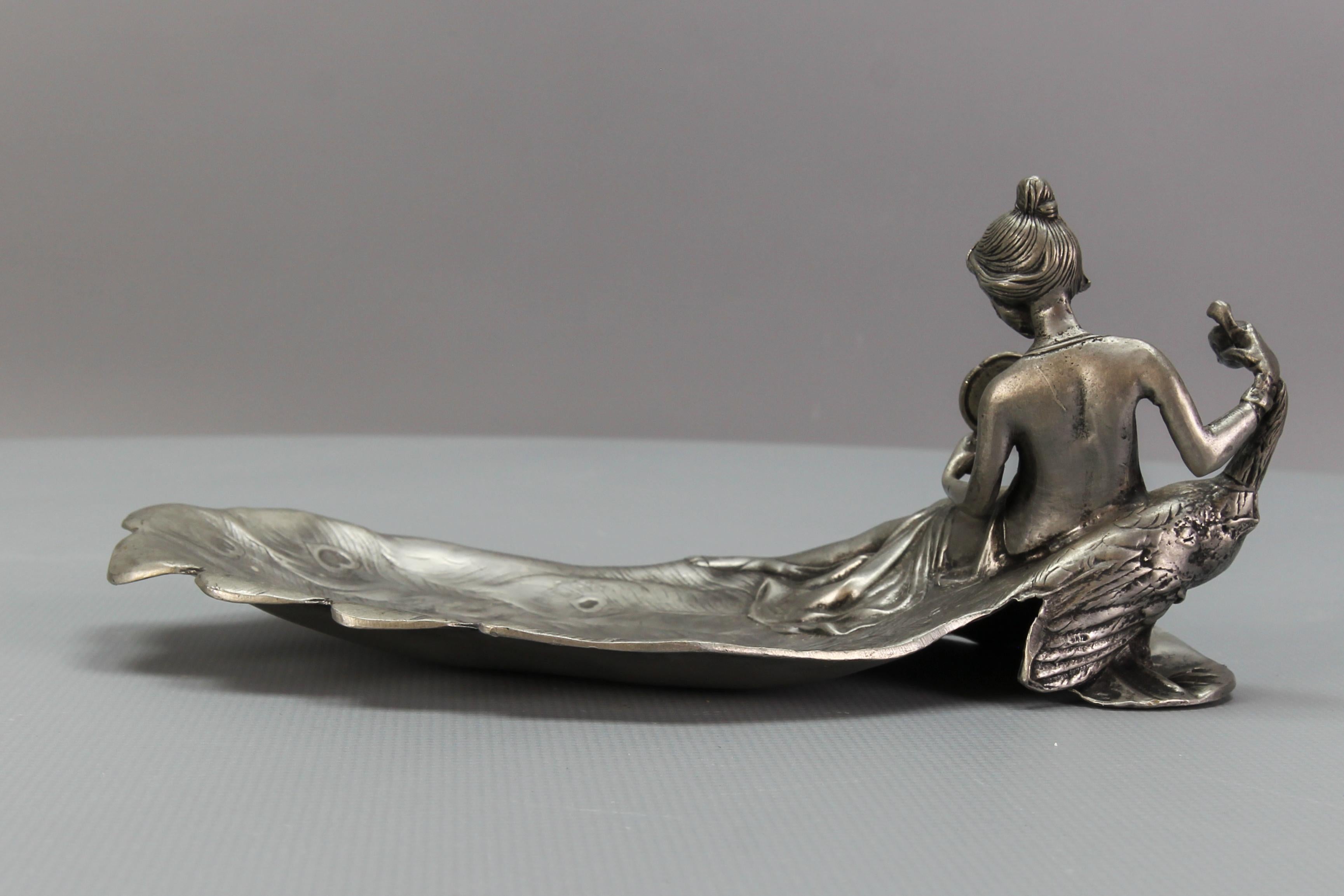 French Art Nouveau Style Pewter Vide - Poche or Pin Tray a Lady with a Peacock For Sale 5