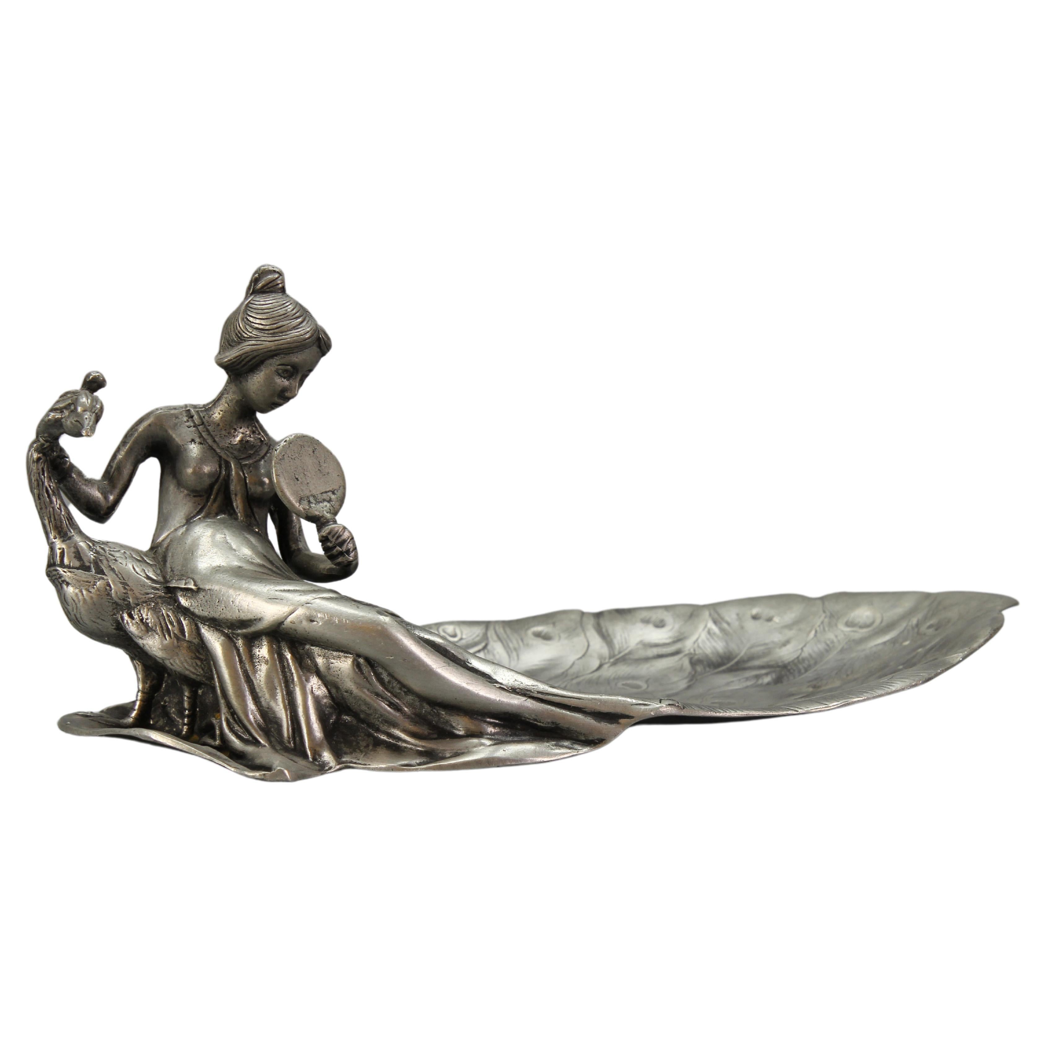 French Art Nouveau Style Pewter Vide - Poche or Pin Tray a Lady with a Peacock For Sale