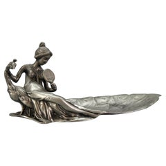 French Art Nouveau Style Pewter Vide - Poche or Pin Tray a Lady with a Peacock