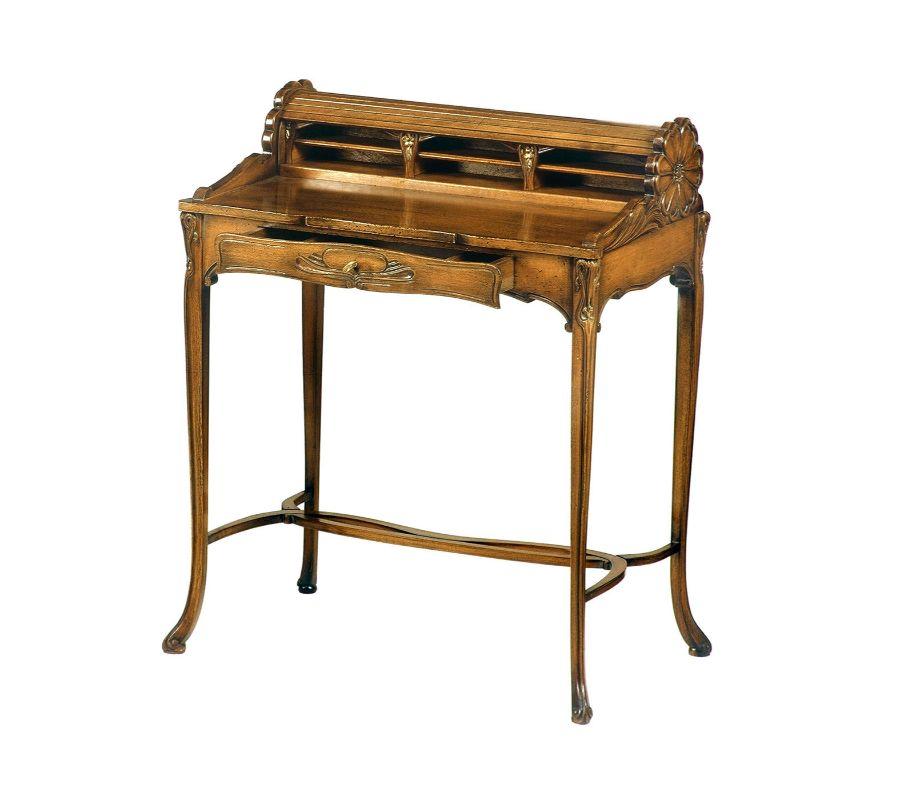 This bespoke writing desk exemplifies the fancy hand-carved aesthetic of Art Nouveau pieces. An impeccable reproduction of an original design from around 1880-1915, it is distinguished by a graceful beechwood silhouette equipped with a drawer that,