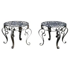 French Art Nouveau Style Wrought Iron Lattice Top Round Side Tables - a Pair
