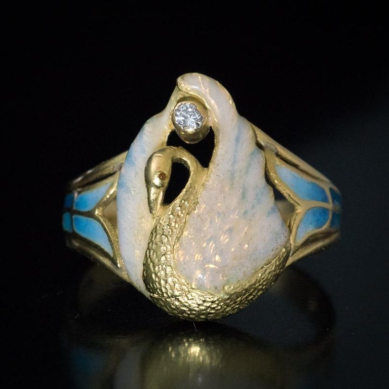 French Art Nouveau Swan Motif Enamel Gold Antique Ring at 1stDibs