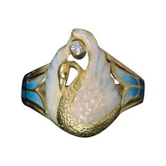 French Art Nouveau Swan Motif Enamel Gold Antique Ring