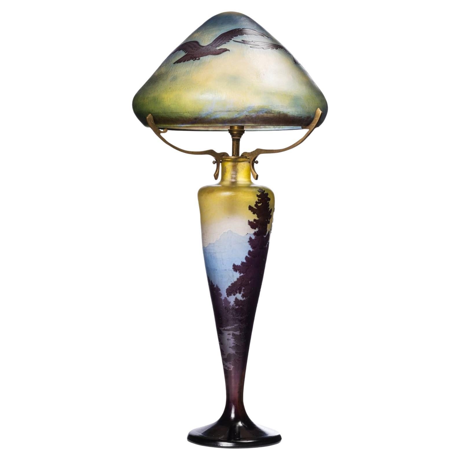 French Art Nouveau Table Lamp by Emile Galle ''Vosges Paysage'' Cameo Glass 1900 For Sale